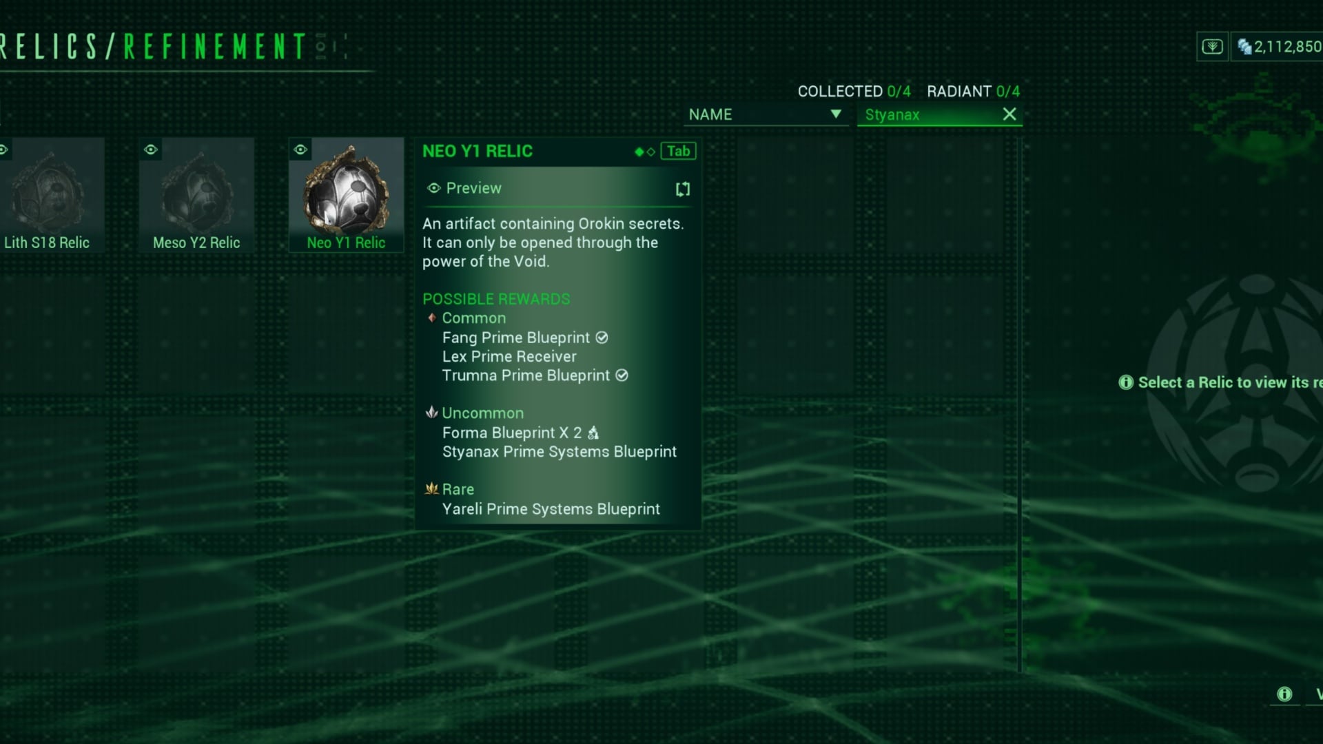 Warframe Relics menu.