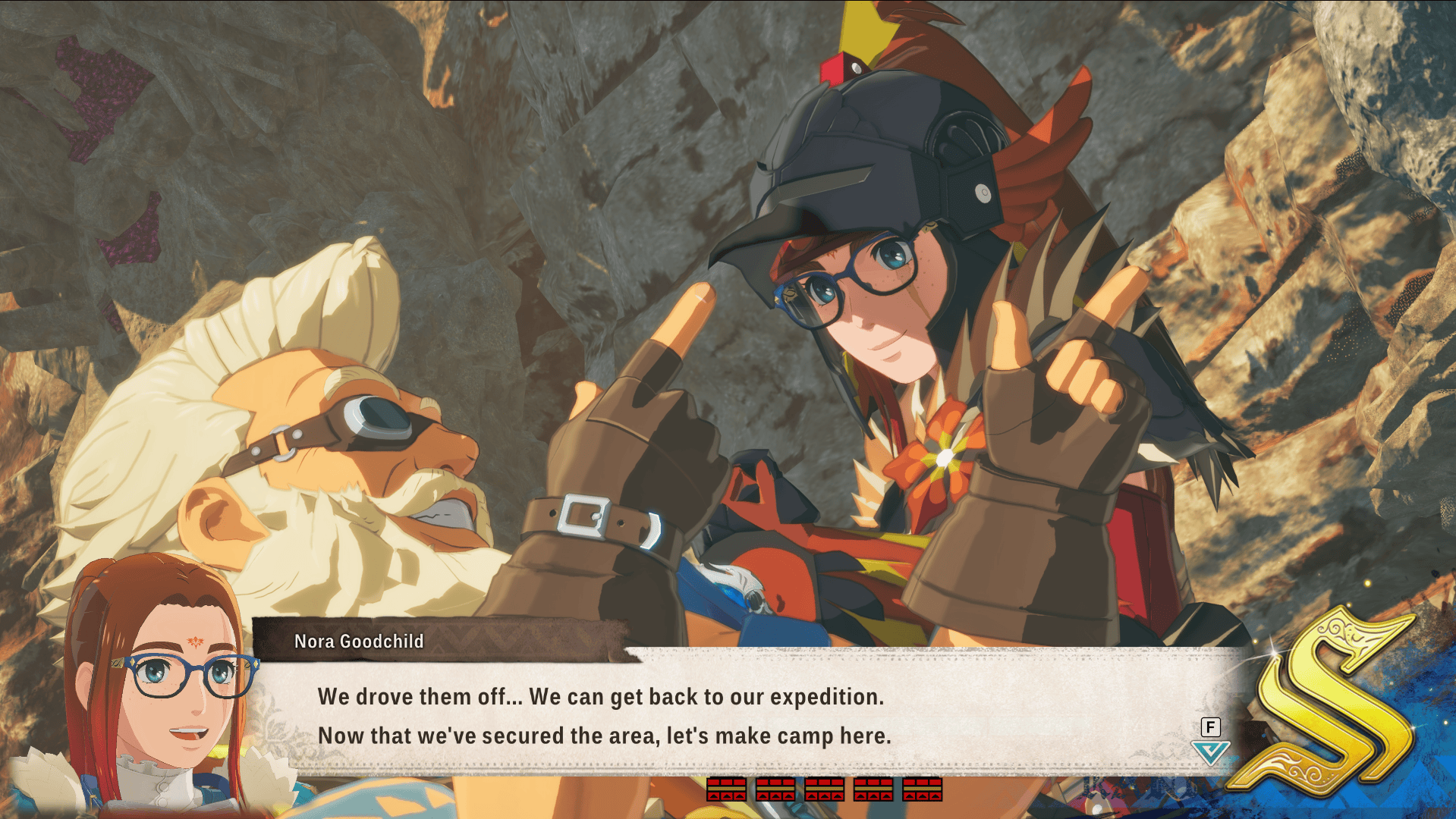 Screenshot from Monster Hunter Stories 3 showing the player character celebrating an S-rank with Ogden. The player character says, 'We drove them off...We can get back to our expedition. Now that we've secured the area, let's make camp here.'