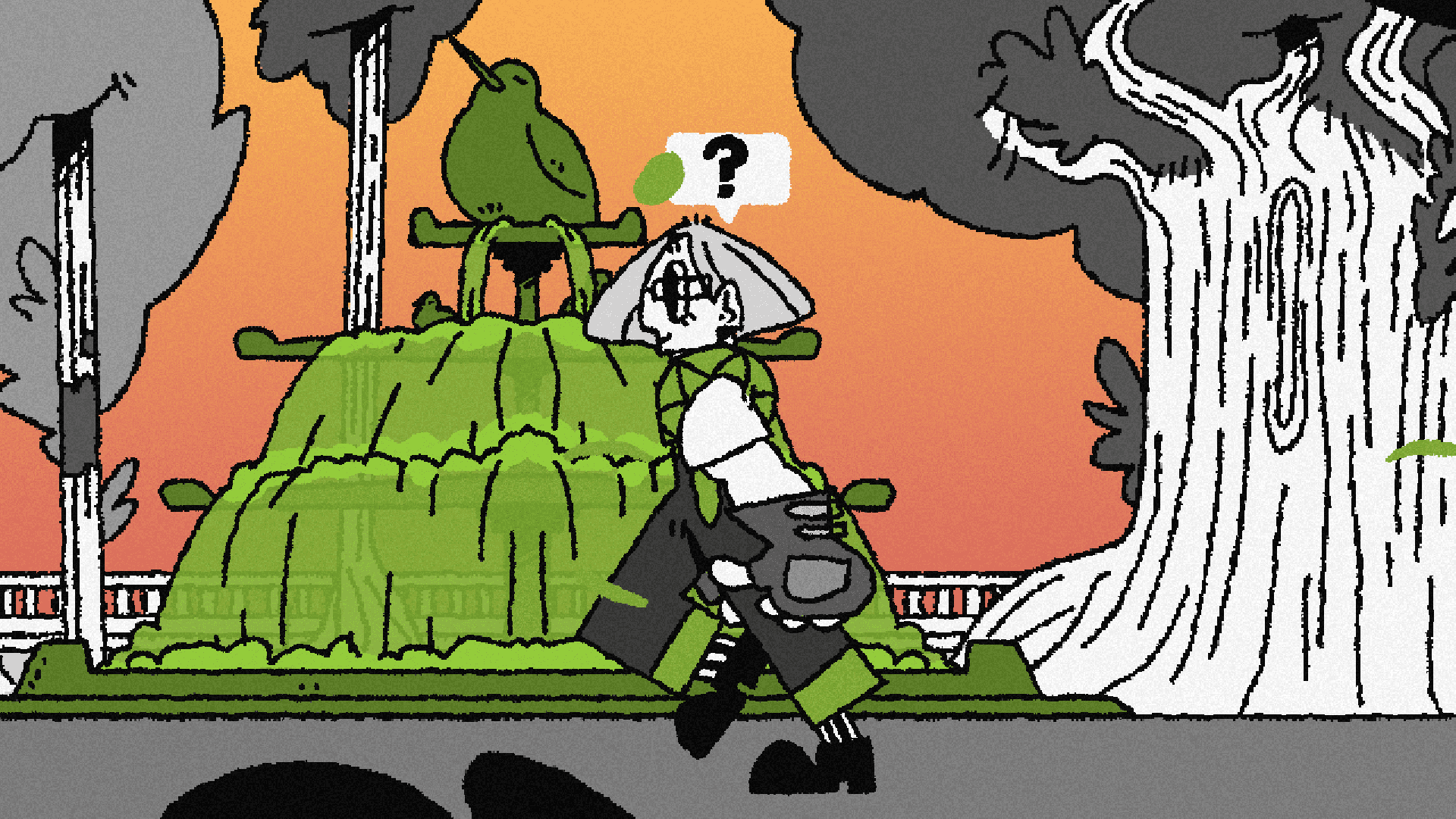 The protagonist walking around in the PATIENCE IS A VIRTUE