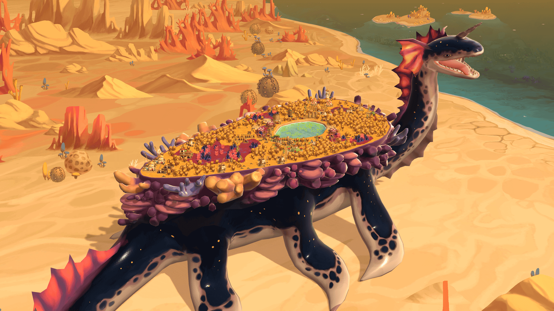 The dark leviathan creature on land, with an open mouth and its tongue lightly sticking out, with a city on its back