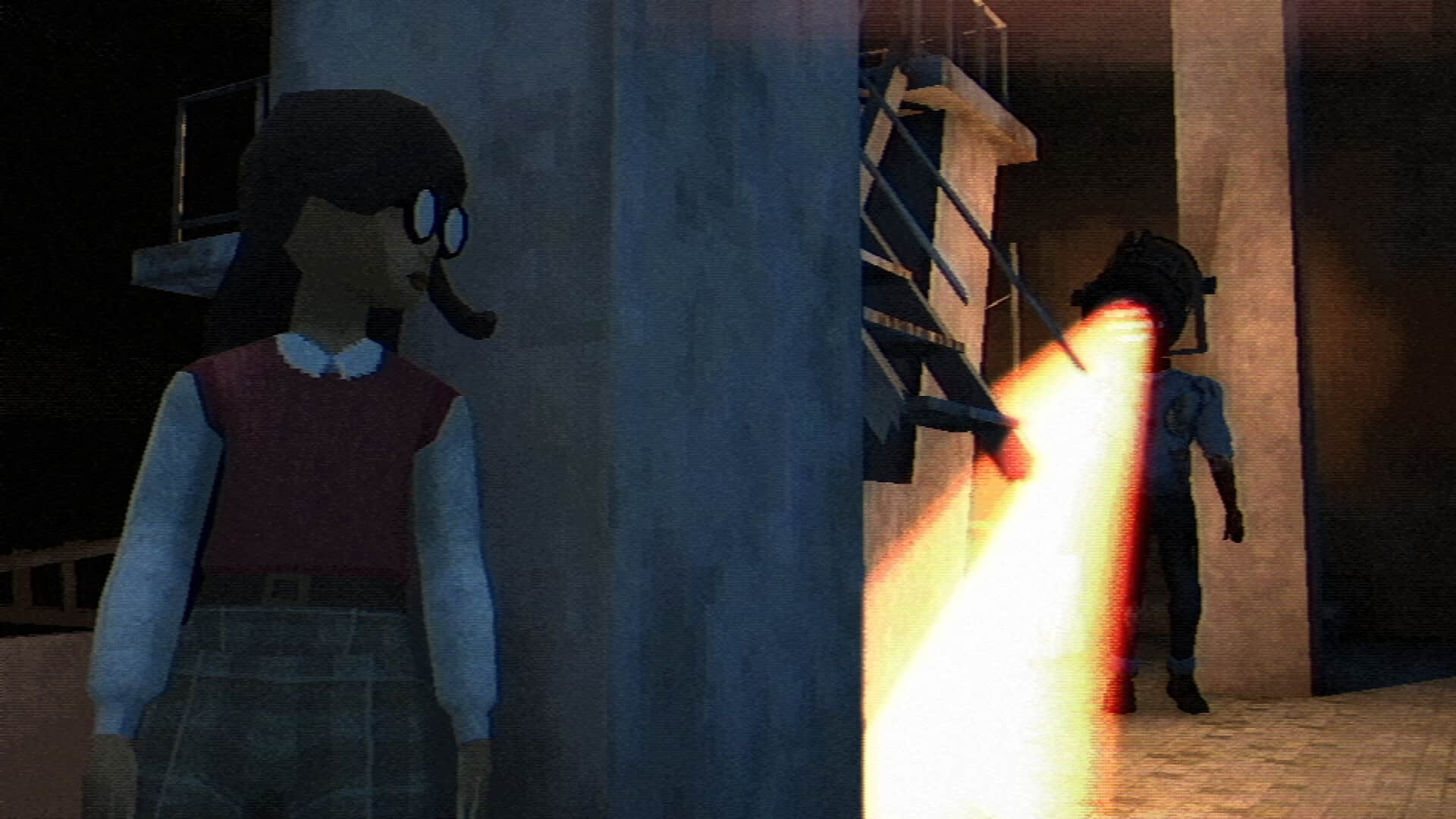 A high school student wearing a sweater vest, long sleeve button up, khaki pants, and thick-framed glasses hides in a shadow behind a concrete column. In the distance, a tall humanoid creature with a spotlight for a head casts light around the darkened room, searching for her.