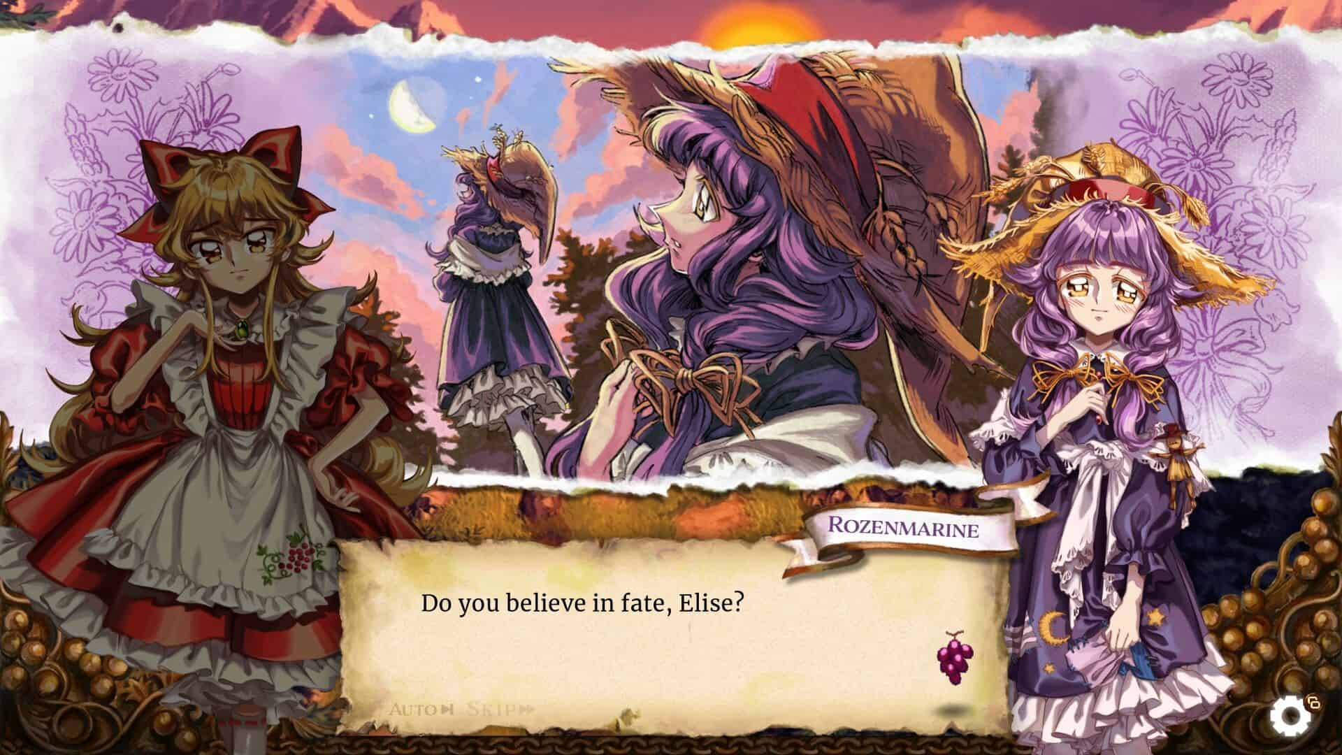 Two anime-style girls are illustrated having a conversation, one on the left and one on the right. These are standard sprites showing the characters facing out toward the player. The background depicts the characters more accurately to the scene, standing on a cliff looking out at a beautiful sunset. The character on the right is Elise, wearing a near dress and apron, with long hair and a hairbow. The character on the right is Rozenmarine. Her dress is more unkempt and has patches in several places, her hair is in two pigtails tied with straw, and she wears a tattered straw hat. Rozenmarine is highlighted as she is currently speaking. Her dialogue reads: Do you believe in fate, Elise?
