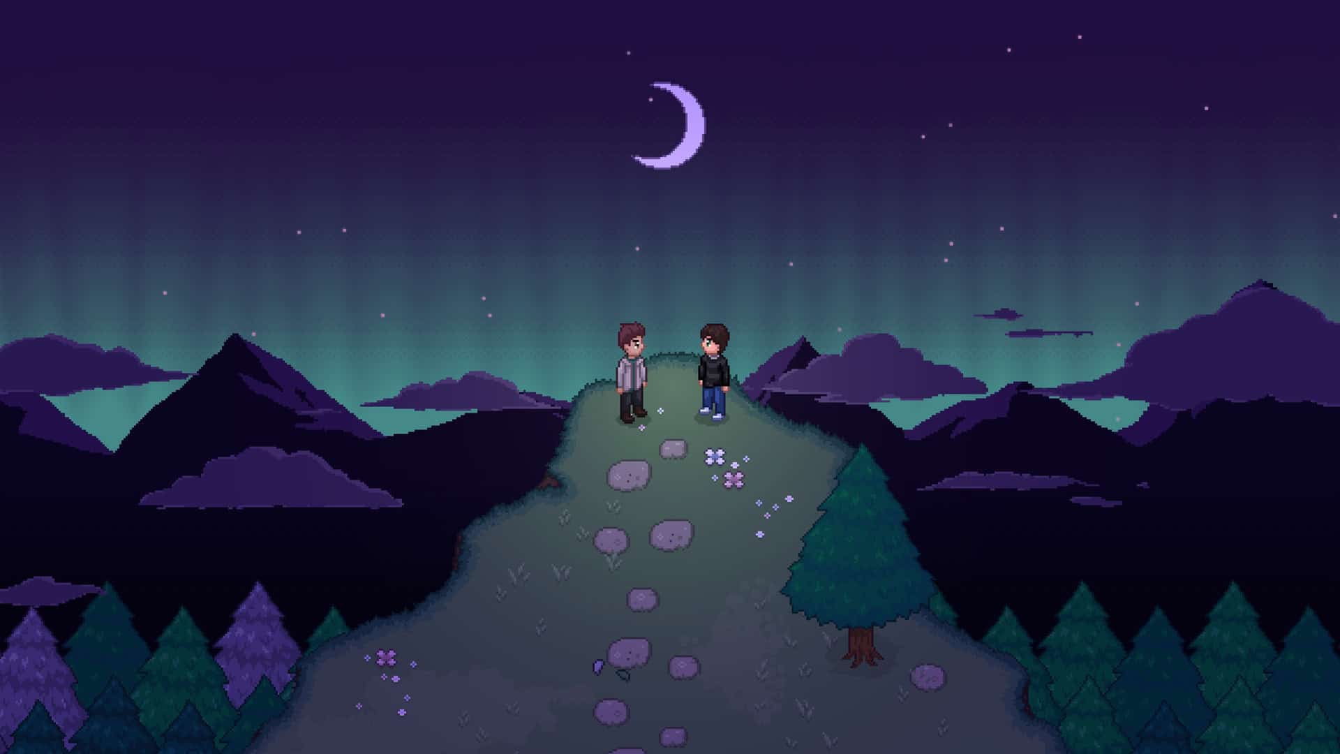 In a pixel art style, two men stand on a grassy cliff against a night sky. A crescent moon hangs in the sky above, with the silhouette of dark clouds and mountains in the distance.