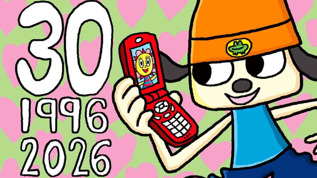 An illustration of PaRappa the Rapper holding a cellphone