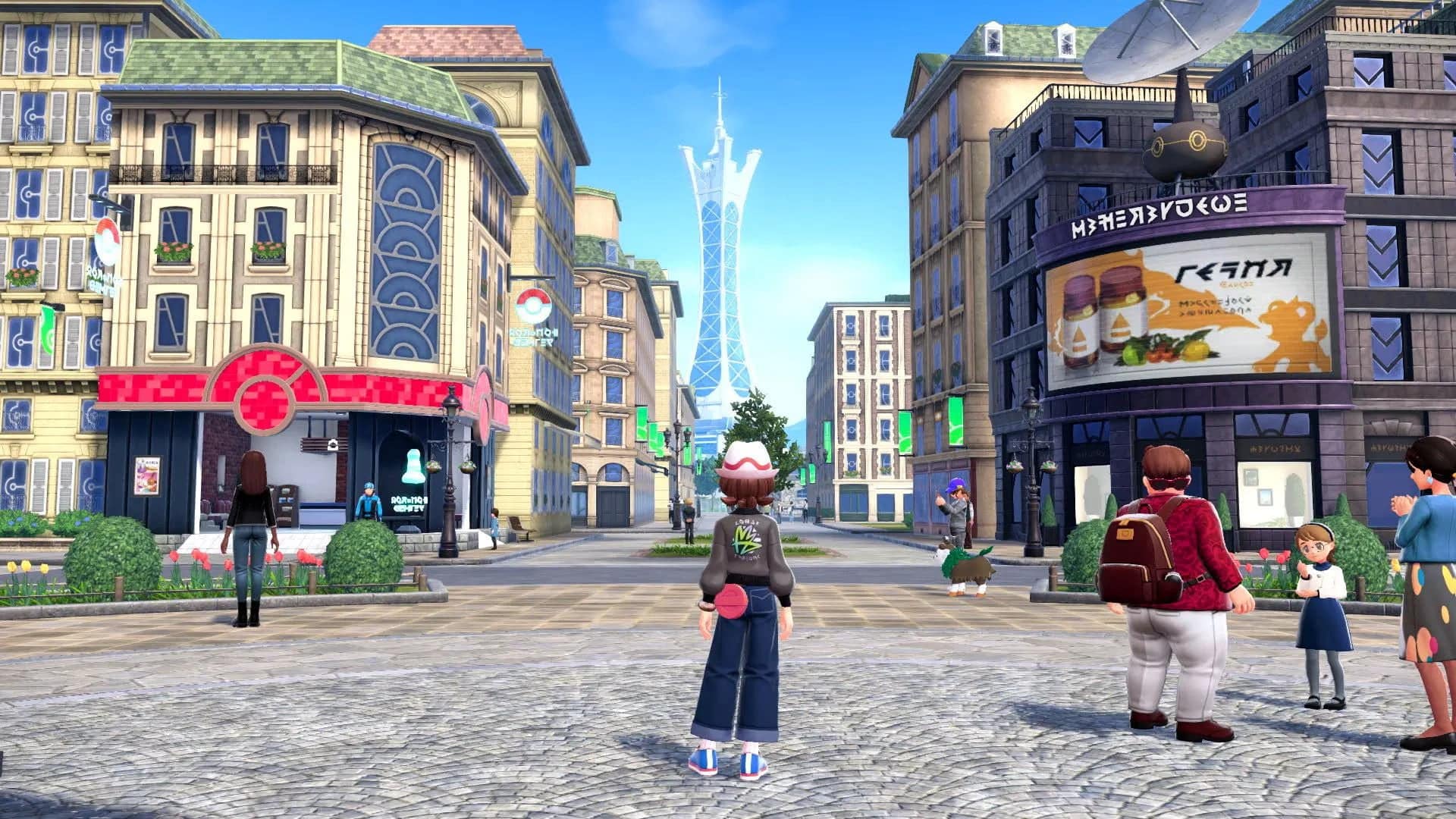 The protagonist standing in front of the city in Pokemon Legends ZA
