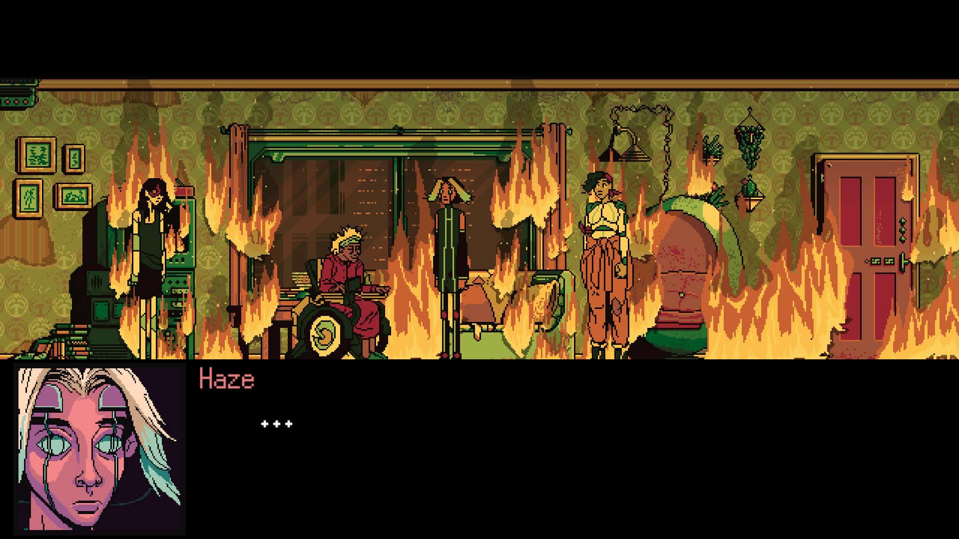 Several individuals in futuristic garb stand arrayed in a living room filled with similarly cyberpunk aesthetic furniture. The room is currently on fire, although no one is reacting. The portrait sprite of one character is shown in the bottom right next to a dialogue box. They have tan skin and some kind of robotic implants that show as lines vertically on their cheeks and their eyes are blankly white. Their hair is short and black, but their bangs are blonde and parted down the middle. Their dialogue reads: "Haze: ..."
