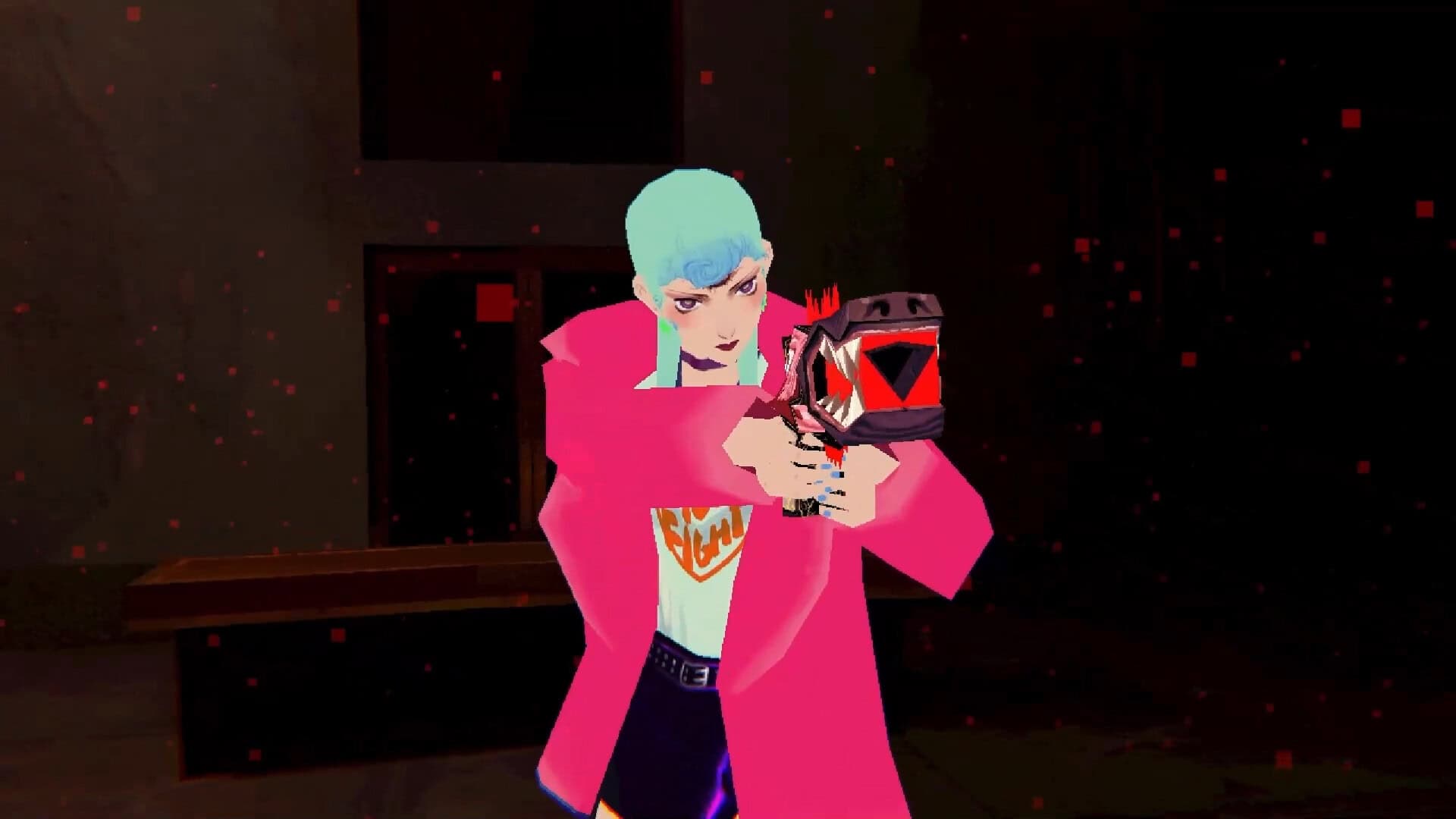 a low-poly rendering of a petite white woman in a bulky pink jacket with a rockabilly hairstyle and a pastel blue dye job. Behind her is a murky dark red and black environment. She holds an odd orange firearm with fantastical looking decorations on its sides and is aiming over the right shoulder of the viewer.
