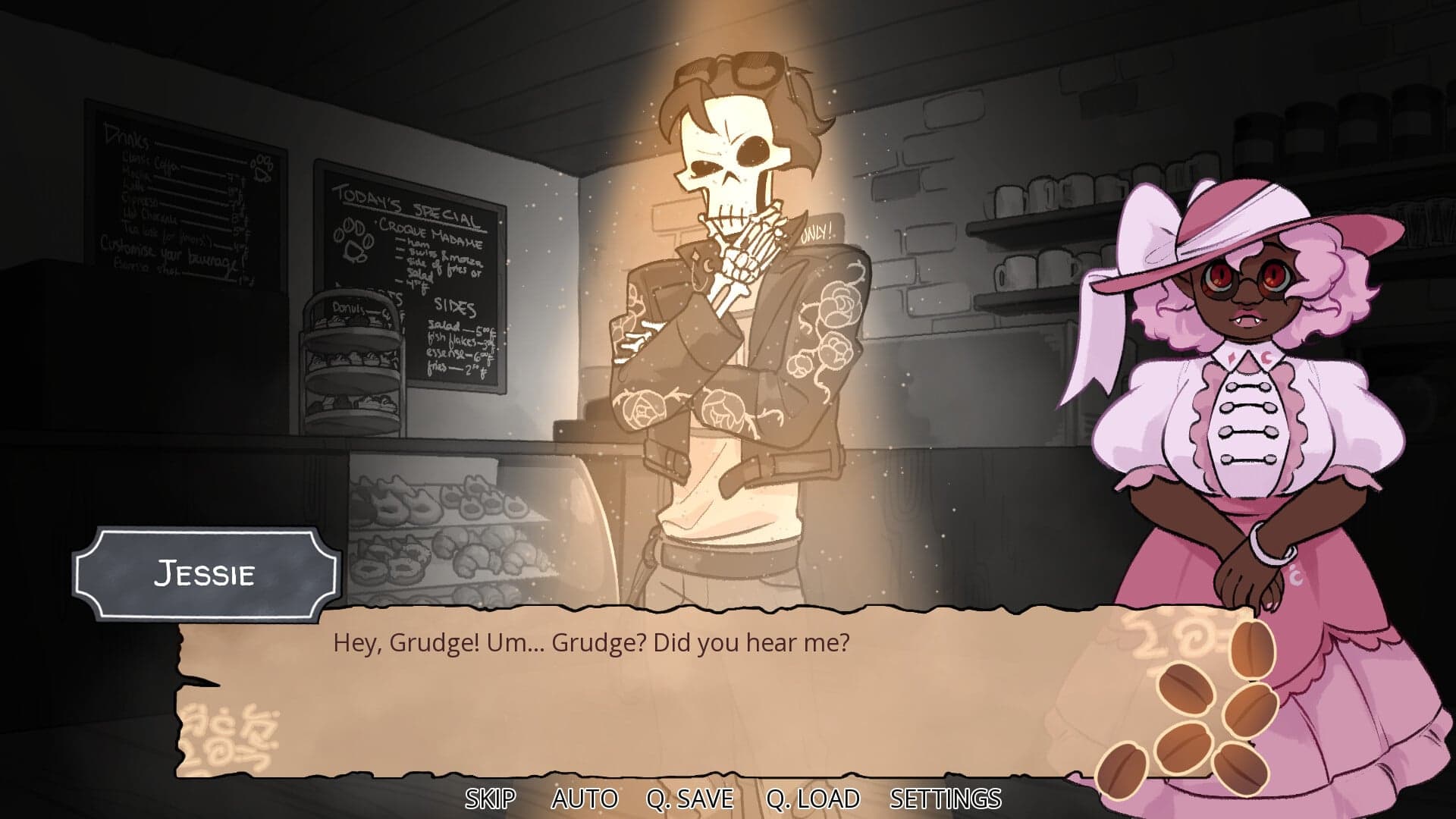 A skeleton with greaser hair and leather jacket stands in a spotlight against the background of a darkened cafe. To his left, a vampire with dark brown skin, pink hair, wearing a pink frilly outfit and hat and round black glasses waits with her hands folded neatly. The skeleton's dialogue box says: "Jessie: Hey Grudge! Um, Grudge... can you hear me?"
