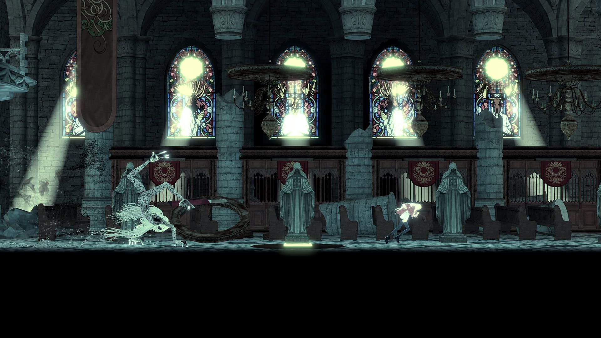 A wide shot of a stone chapel, mostly in runs. Stone columns like toppled. One of the chandeliers has fallen into the pews. In the background, light softly filters through stained glass windows. Along the vestibule stand statues of saints. Also running along the vestibule is a teenage girl with long blond hair, full sprint. She is followed by a massive, multi-limbed monster that has a vague humanoid shape and some kind of stringy, ragged garment wrapped around its middle. 