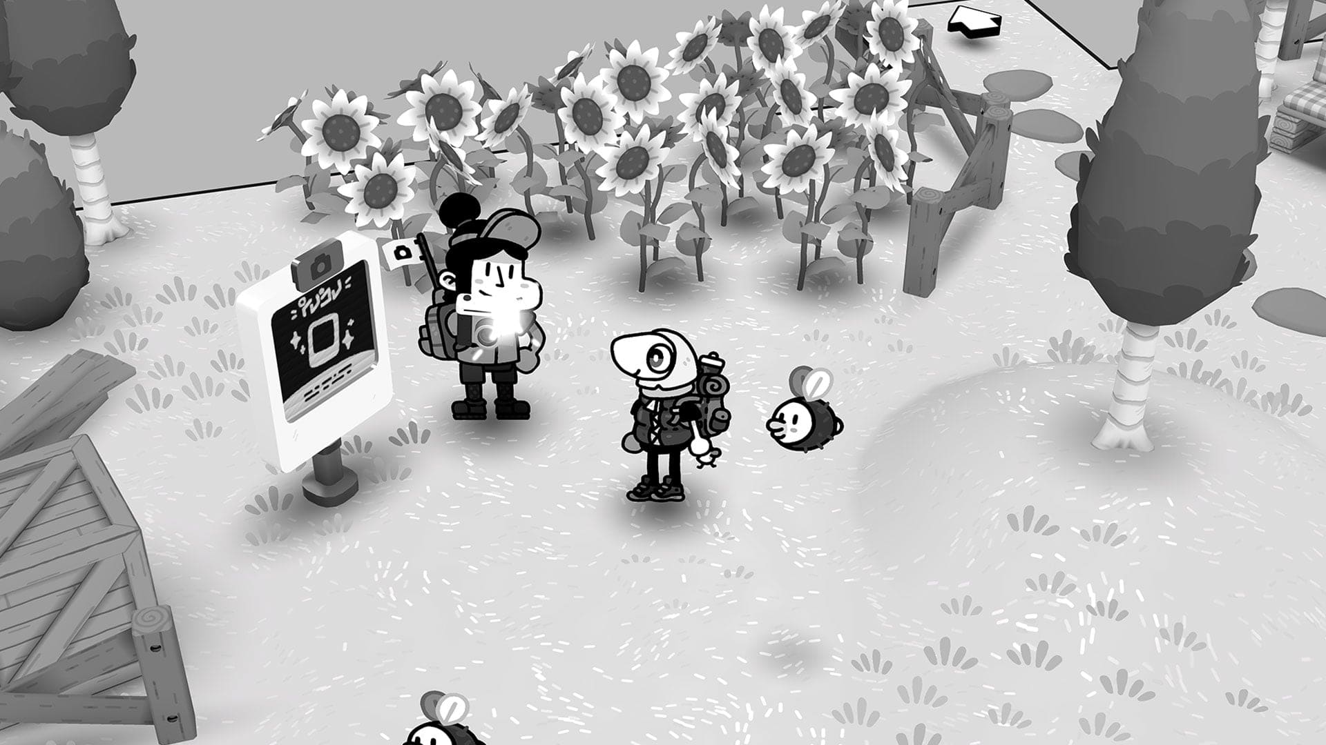 A screenshot of Toem 2 showing the protagonist and an NPC near a sunflower field.
