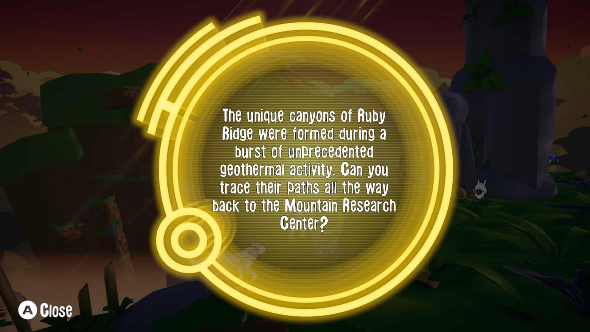 A text inside a yellow circle that reads: The unique canyons of Ruby Ridge were formed during a burst of unprecedented geothermal activity. Can you trace their paths all the way back to the Mountain Research Center?"