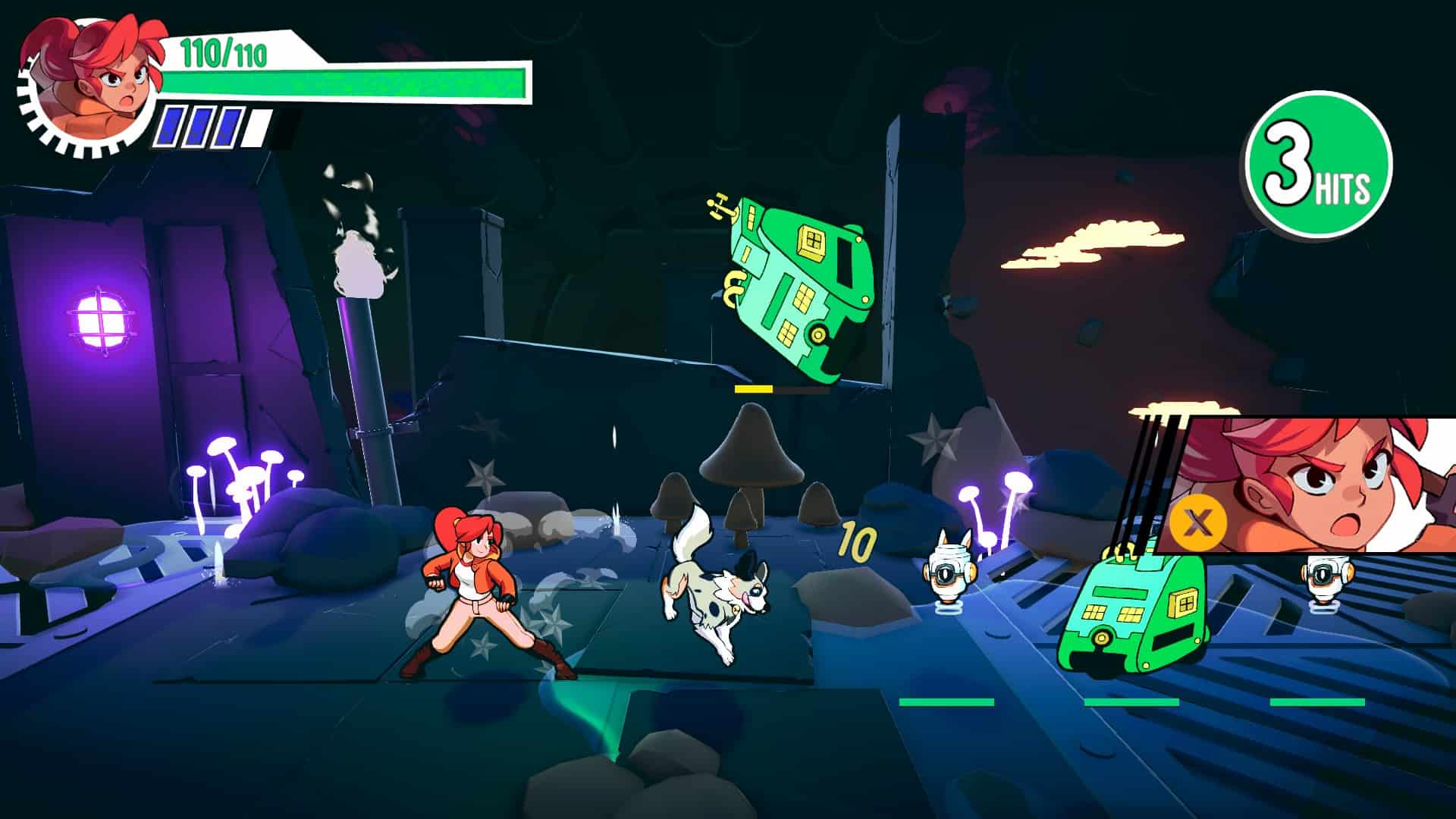 Combat screen against robots, Signy is ready to tag in at a press of a button