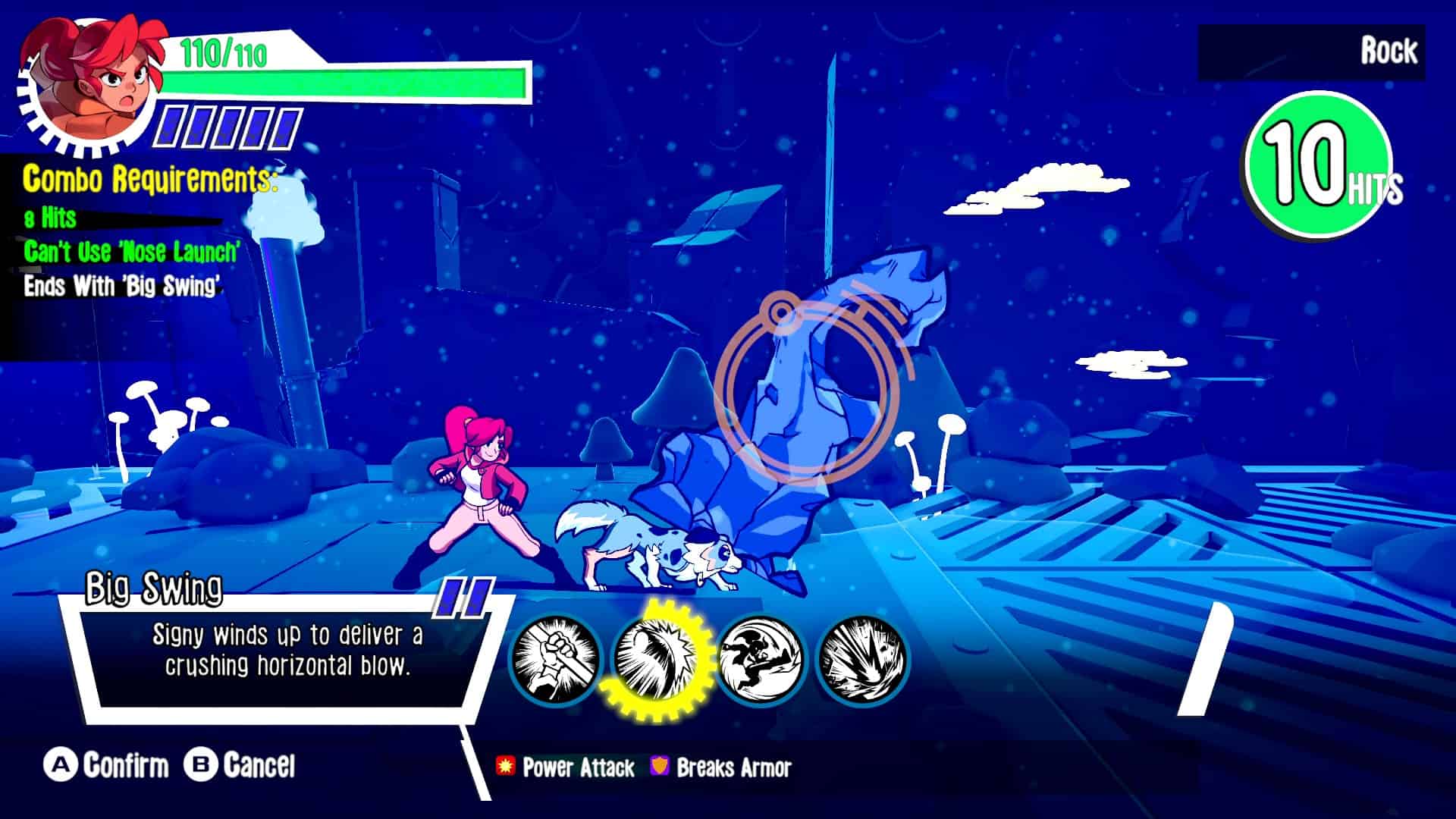 A combo challenge where Signy and Mino face a rock that requires the player not to use the "Nose Launch" attack, perform a minimum of 8 hits and end it with the "Big Swing" attack