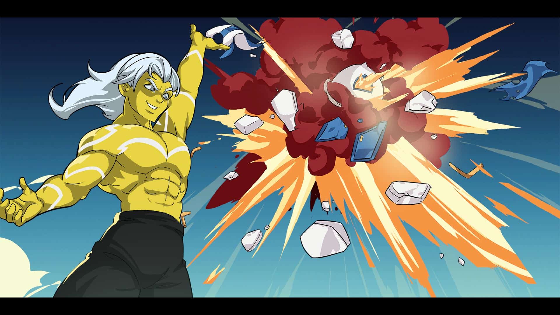 A gold-skinned god with white hair blowing up a building in the air