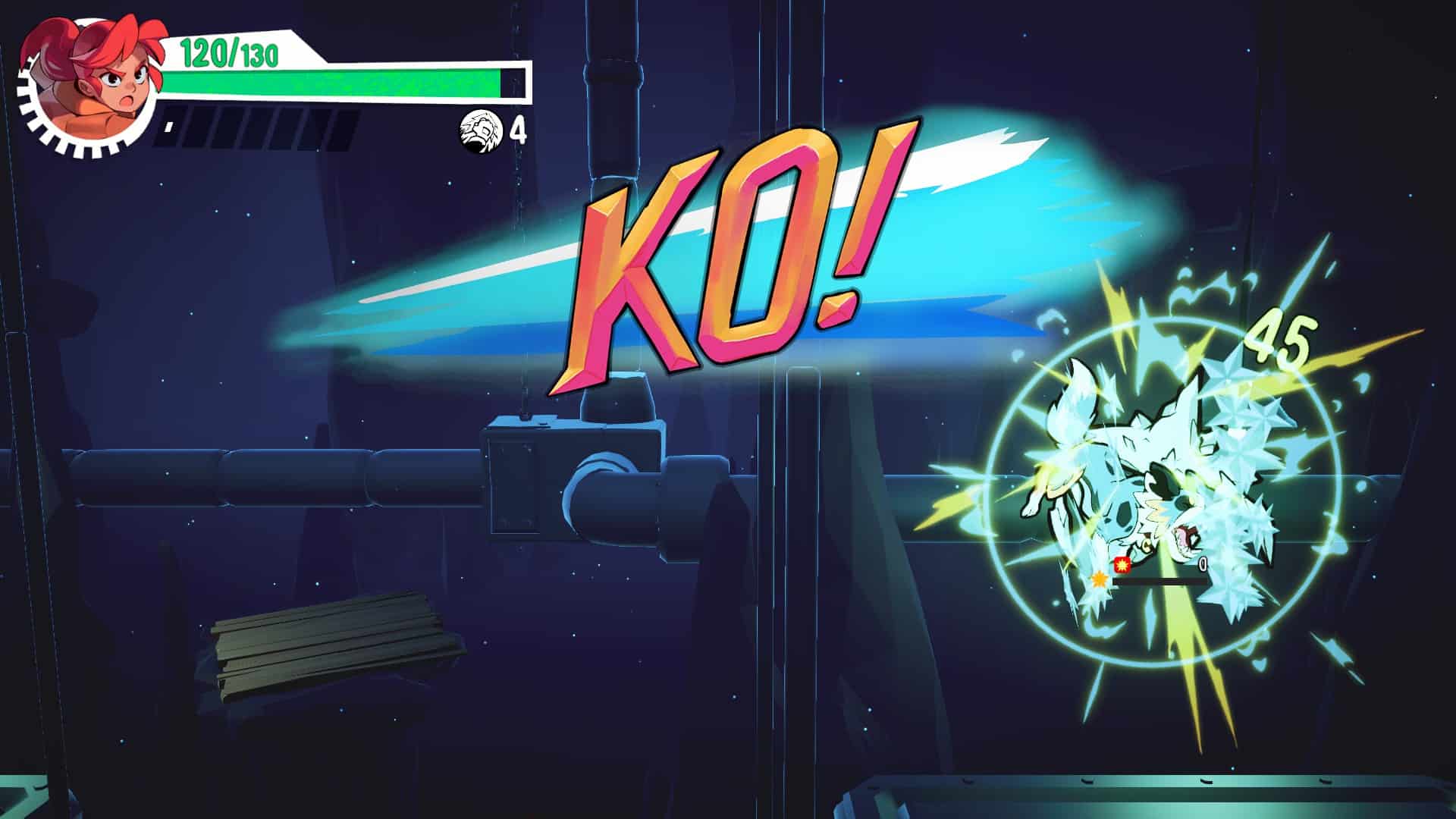 A KO screen where Mino bites an enemy mid-air