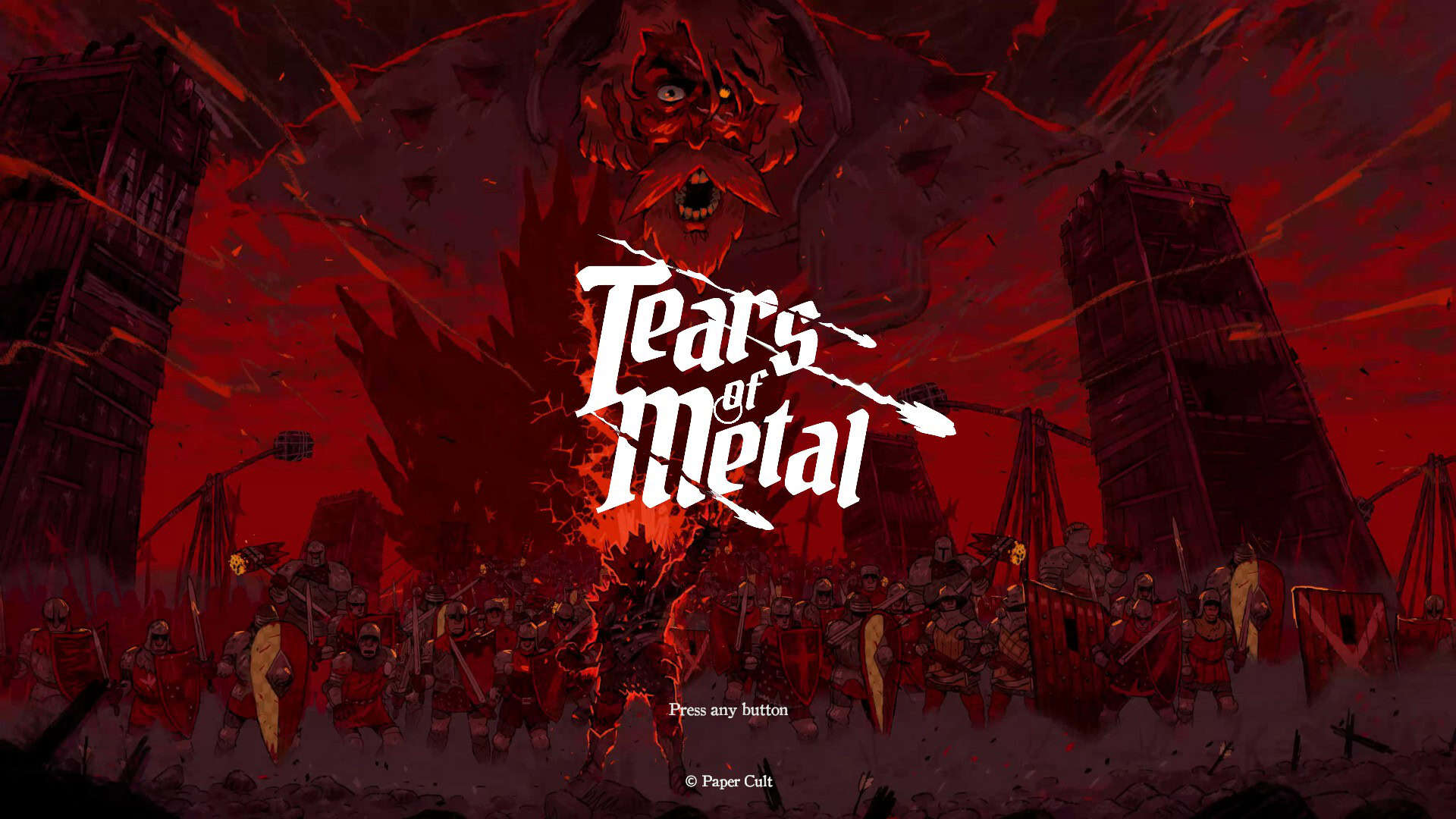 Tears of Metal menu screen with an army and a screaming man behind them