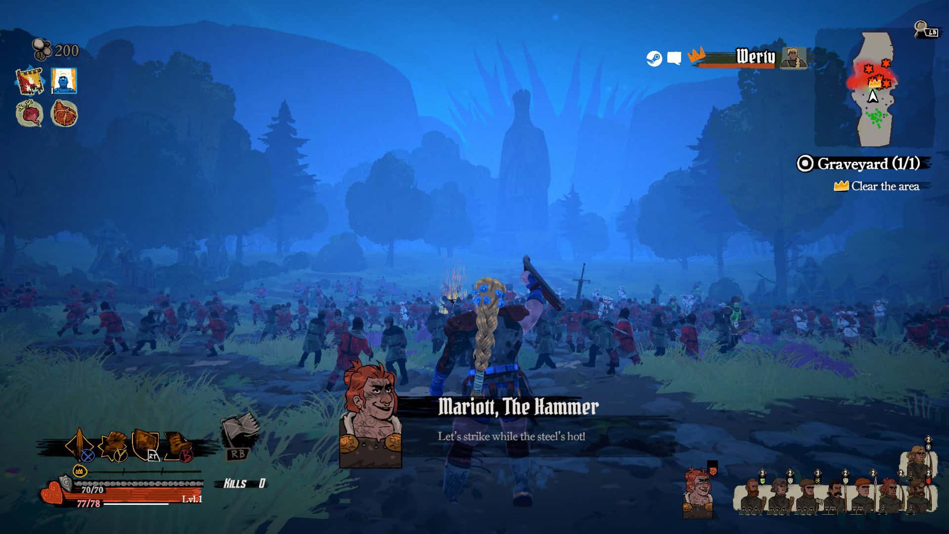 Blue sky over an open battlefield, with a large statue and the giant rock behind it