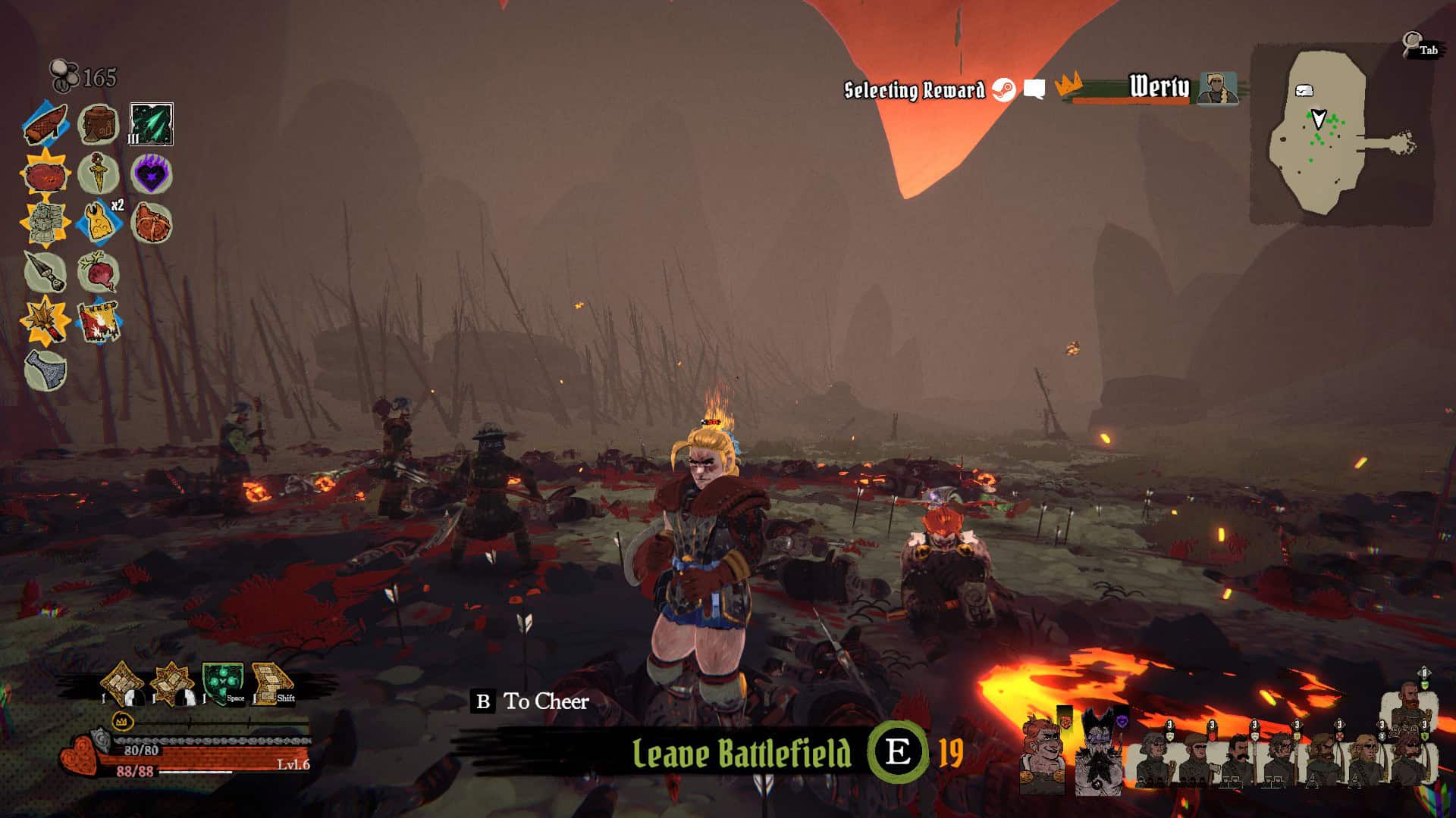 Bloodied player character Brienne standing over a corpses on a cleared battlefield