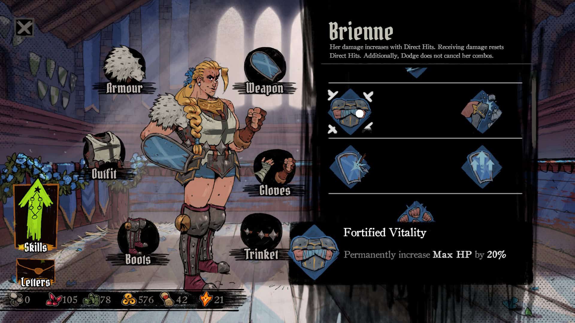 An upgrade screen for Brienne, the currently shown upgrade ups her health by 20%