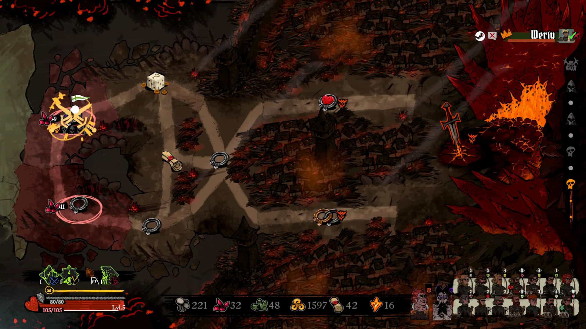 A map in Tears of Metal. A rolled up piece of paper sits in the middle of three nodes