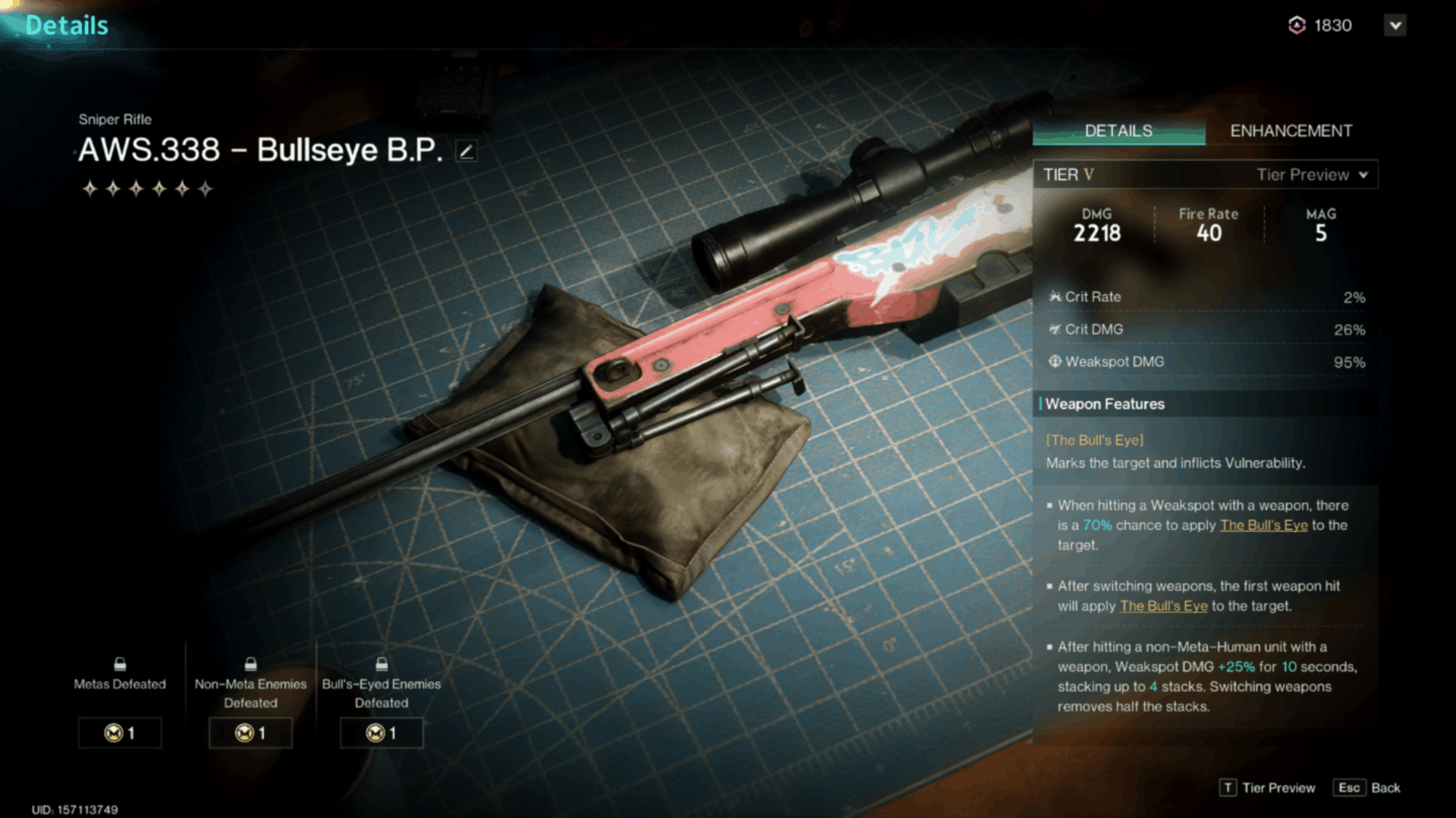 A screenshot of the AWS.338 Bullseye from Once Human.