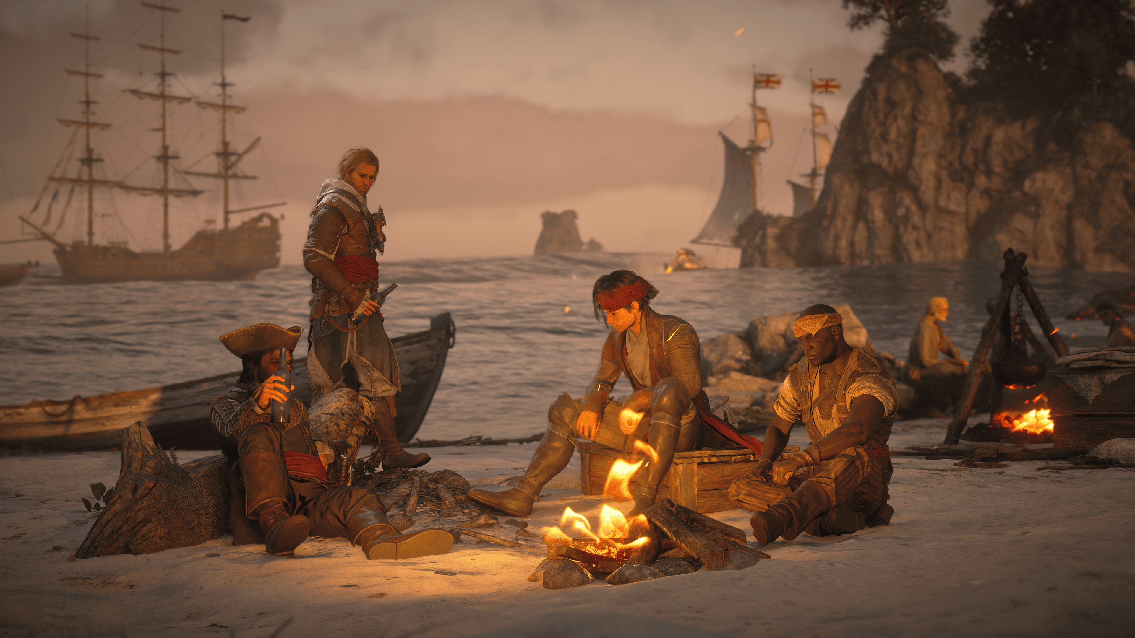 Edward Kenway and other pirates around a fire in Assassin's Creed Black Flag Resynced