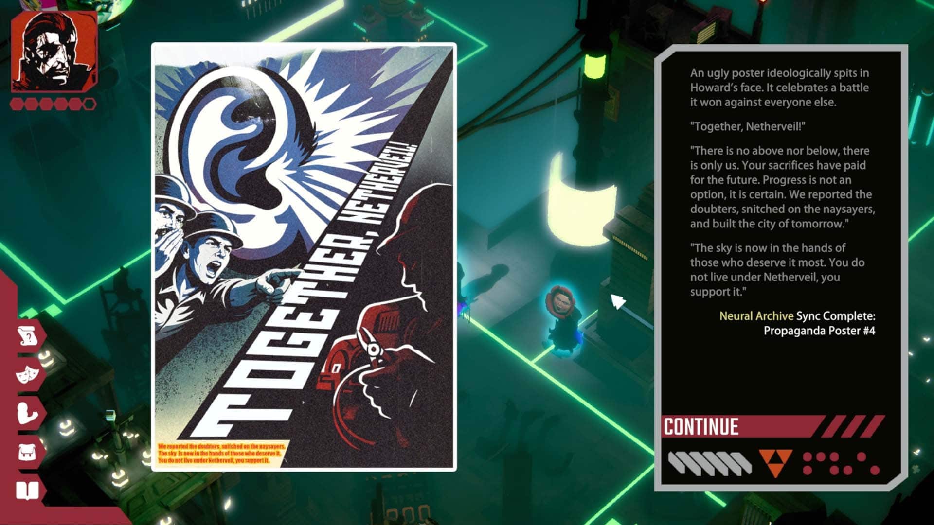 Reading a poster in Celestial Return.