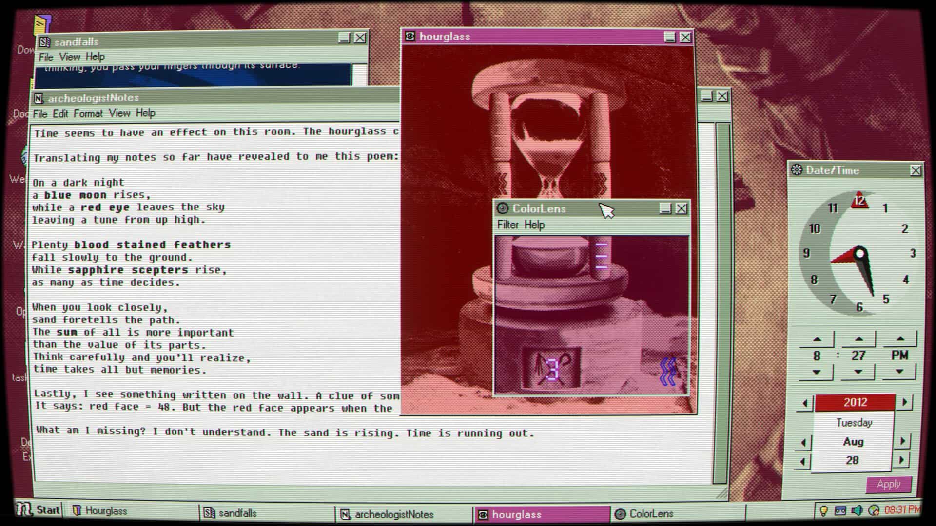 A screenshot of a puzzle involving the OS clock and an image of an hourglass in Desktop Explorer. 