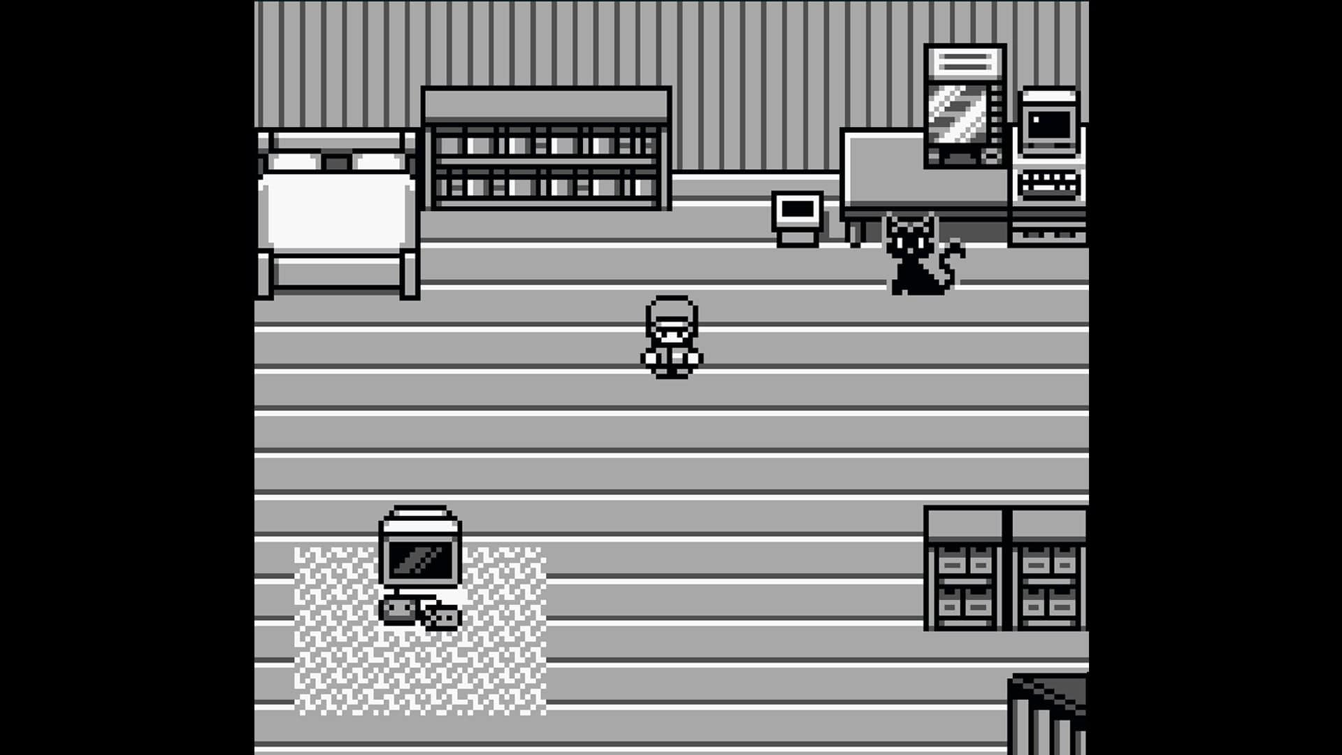 A screenshot of the main character in his bedroom in Encryptid