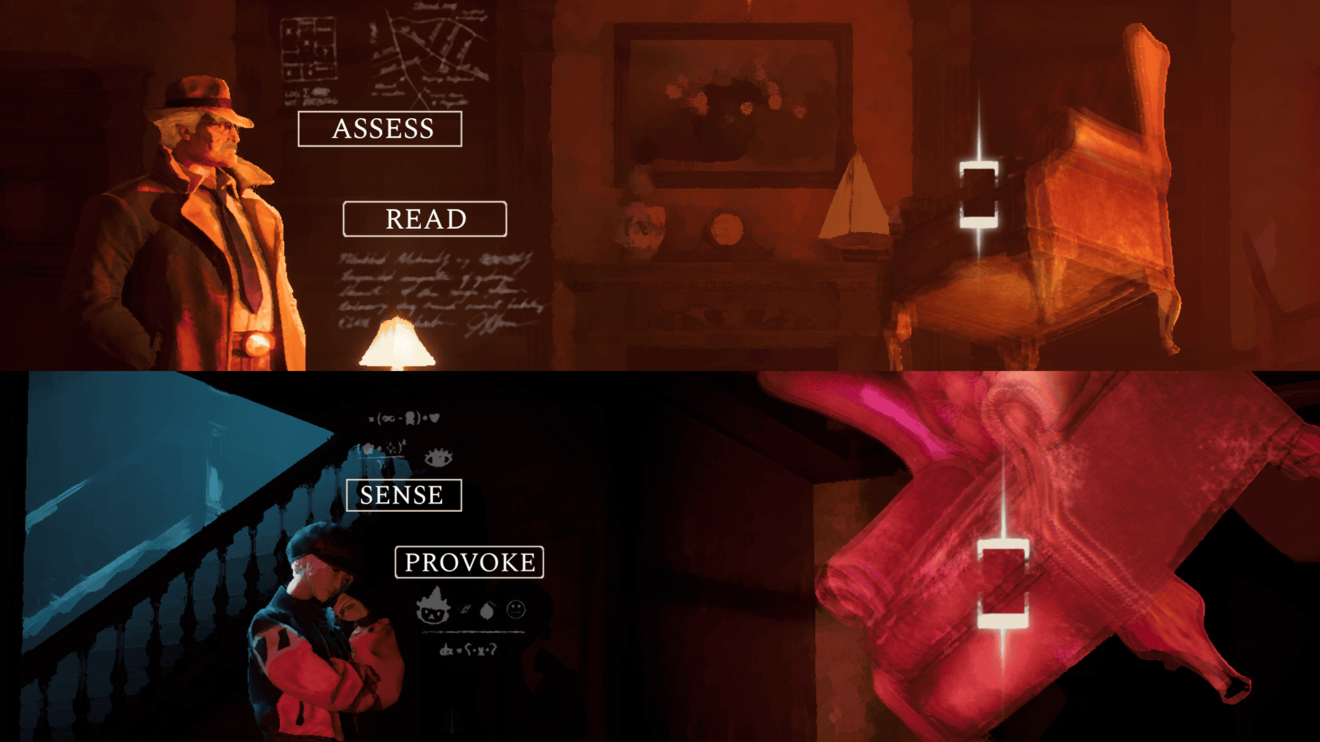 A split-screen showing two characters from the game in two different perspectives of the same location/event (a floating armchair in an old, empty manor). On the top, an older man in a trenchcoat shows the options "Assess" and "read". The bottom half of the screen shows a young person in a cap and windbreaker with the options "Sense" and "Provoke".