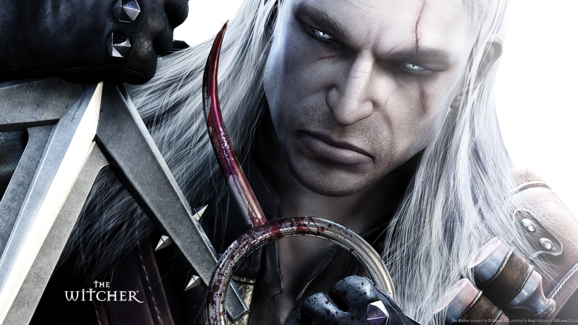 Geralt holding a bloodied spike in Witcher 1