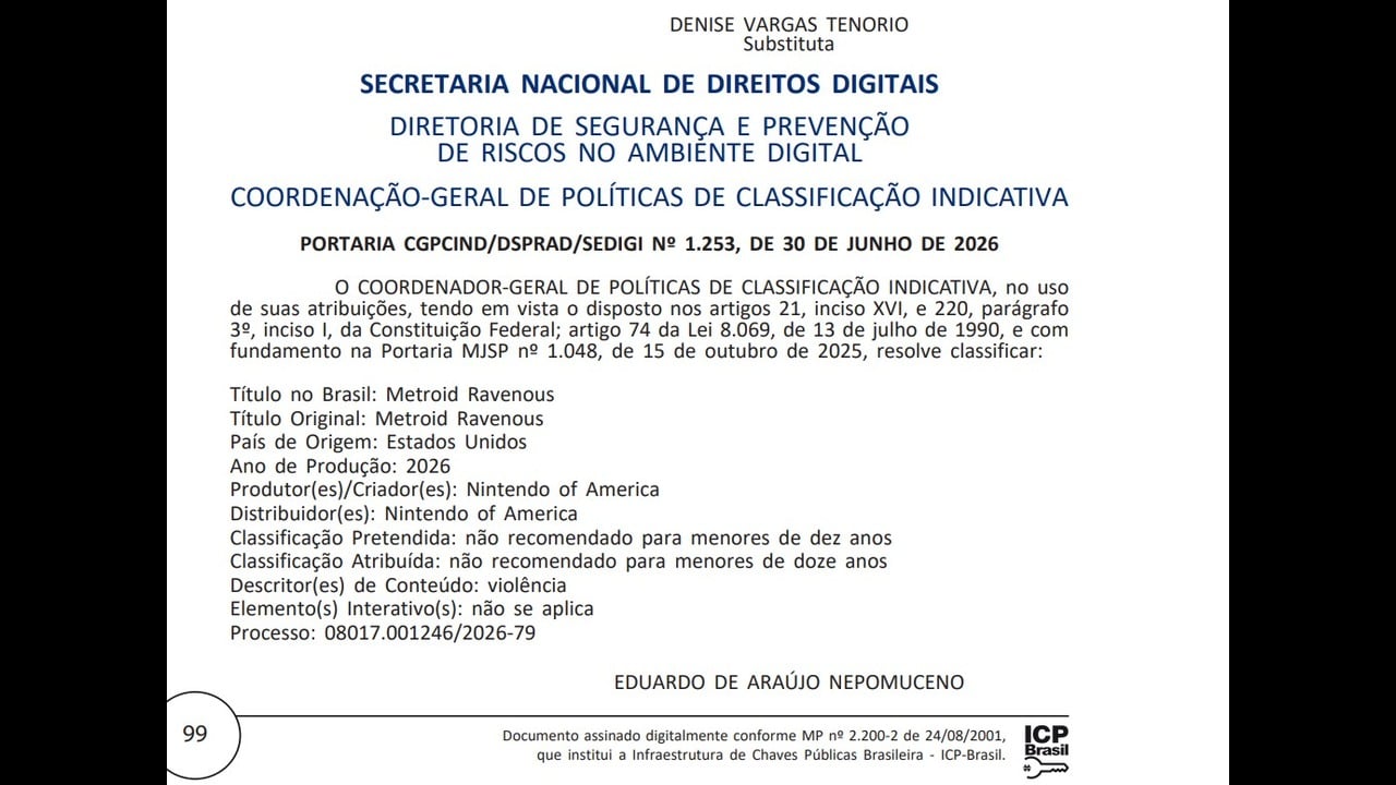 A listing in Brazilian Portugese, featuring a Metroid Ravenous title and listing Nintendo of America as a producer and distributor