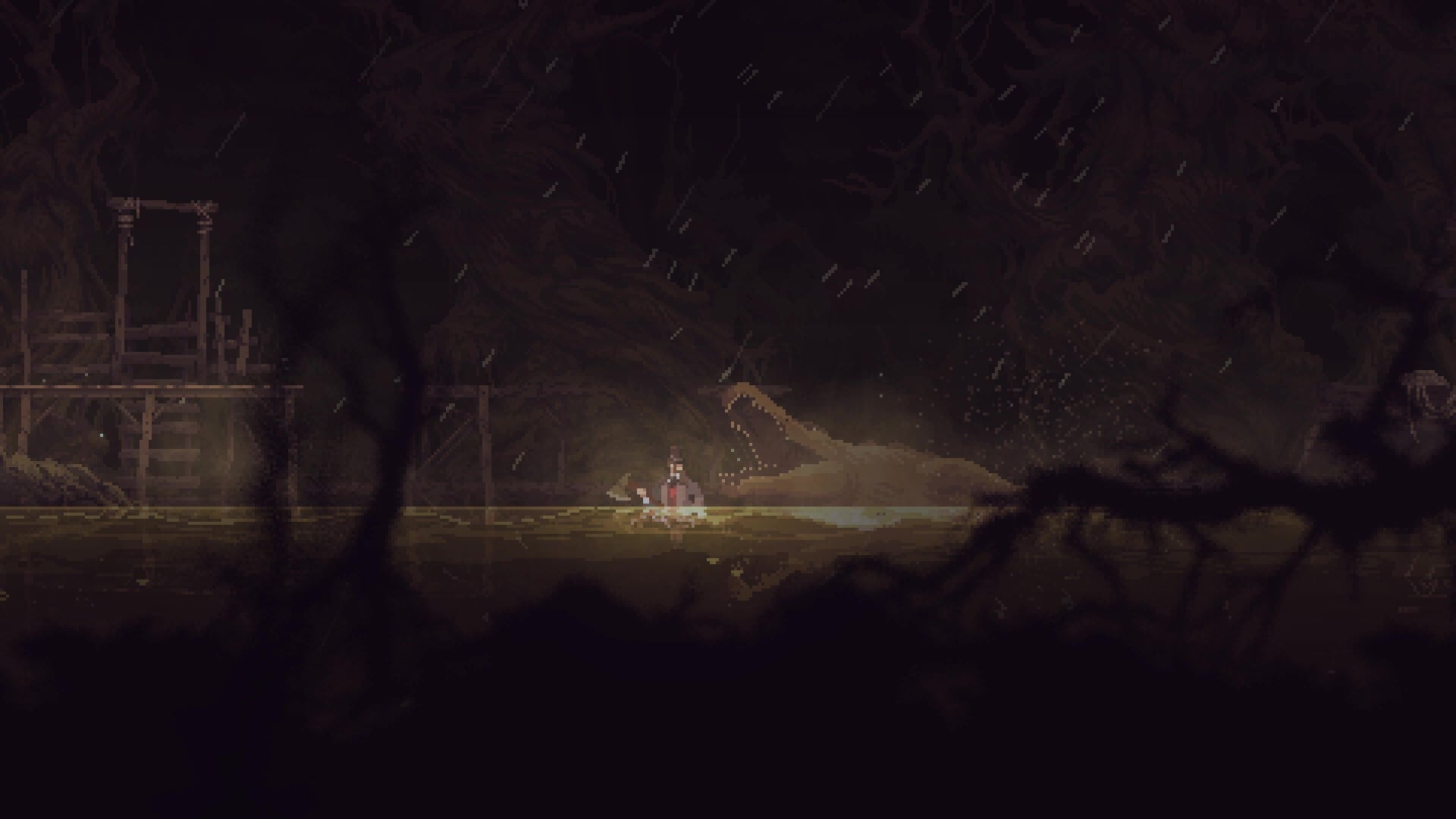 A screenshot of the main character about to be eaten by a giant crocodile in Shadow Sacrement.