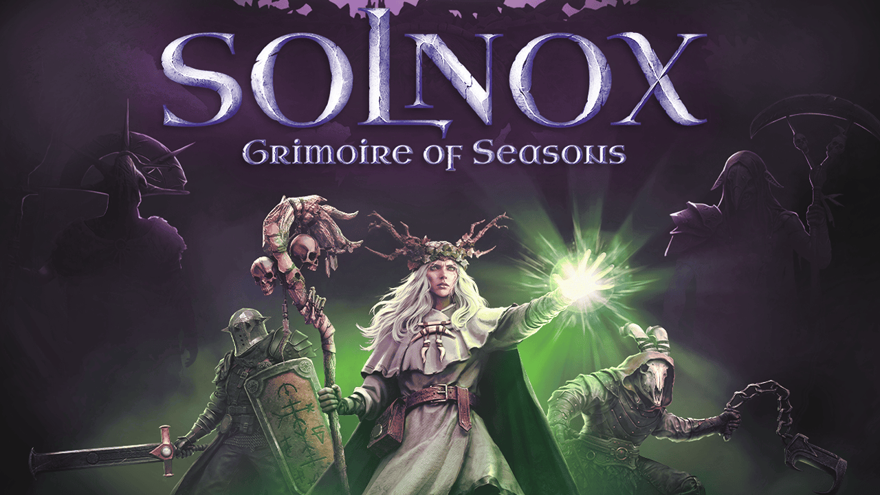 Solnox Grimoire of Seasons Key Art showing a witch with a skull-adorned staff, a warrior in heavy armor, and a rogue with a skull mask.