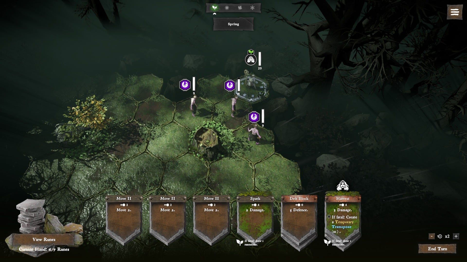 Isometric screenshot of Solnox Grimoire of Seasons. The character is surrounded by enemies, the map is green with spring aesthetics.