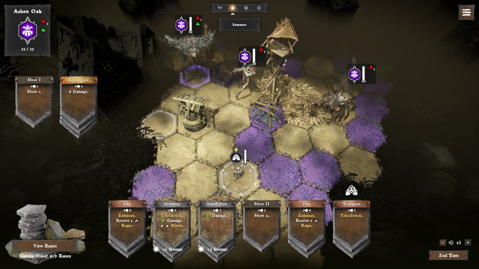 Isometric view of Solnox Grimoire of Seasons, certain tiles on the battlefield has been corrupted and appear purple.
