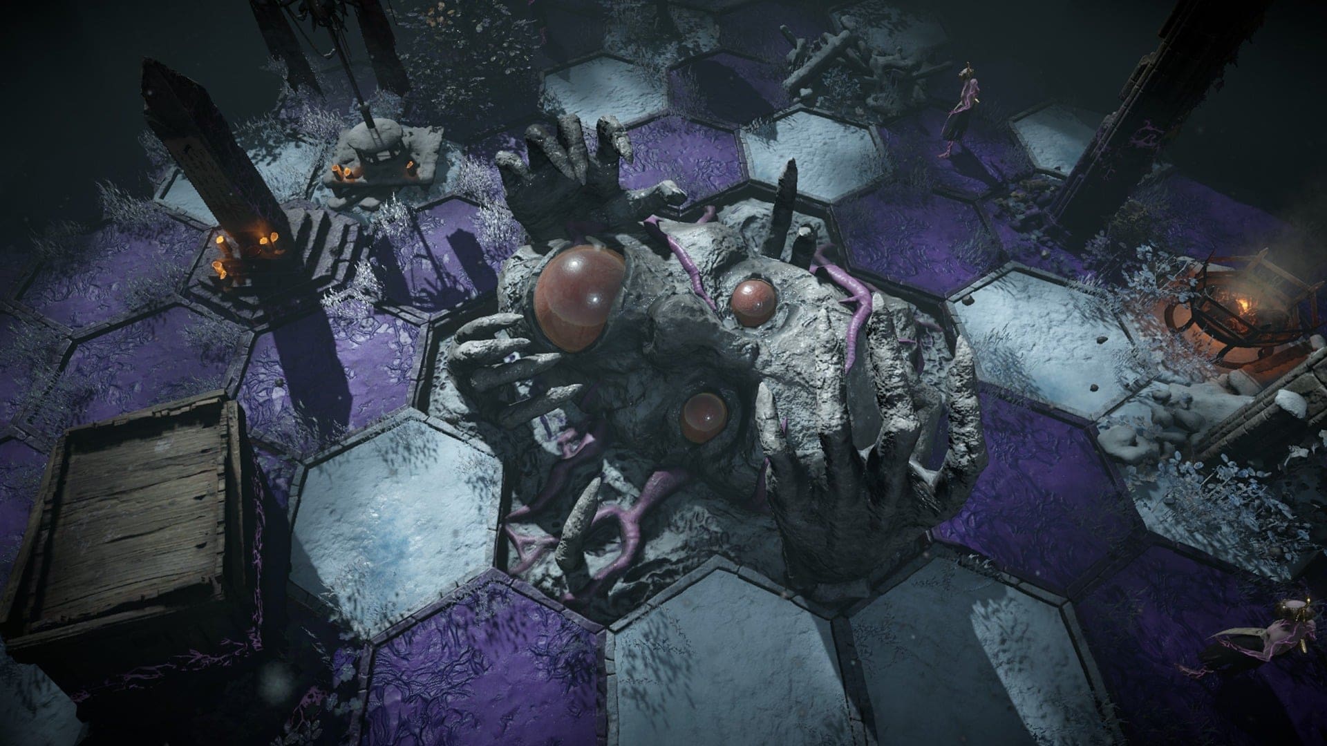 Isometric view of the las boss in Solnox Grimoire of Seasons. It's a stone head with vines and stone hands covering it, as it comes out of the frozen ground.
