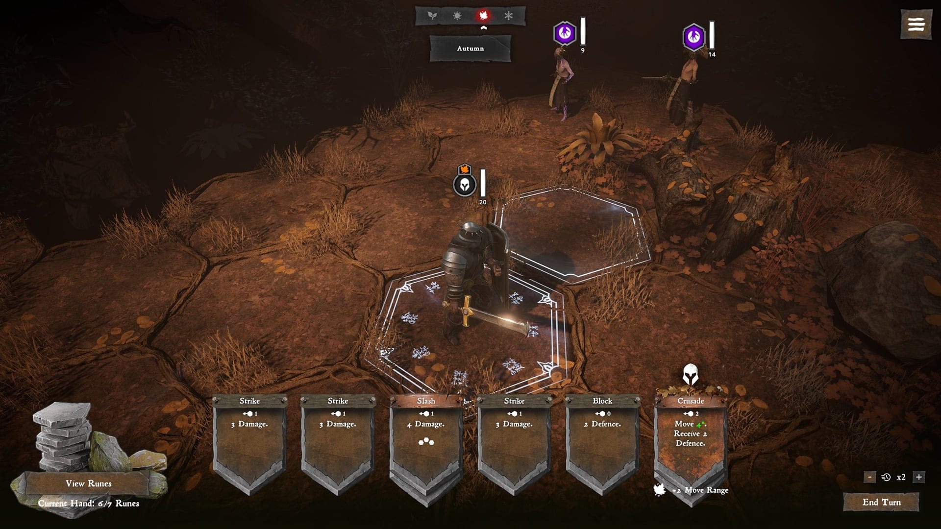 Isometric view of Solnox Grimoire of Seasons. The character is clad in heavy armor and wilding a large sword and shield.