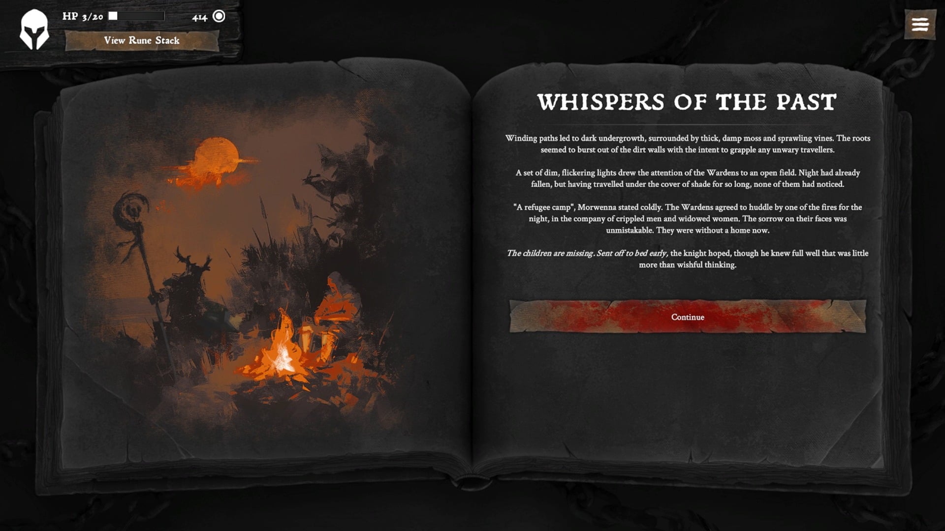 Screenshot of a narrative event in Solnox Grimoire of Seasons. In the left is an image of a burning village and in the right is a short narrative snippet.