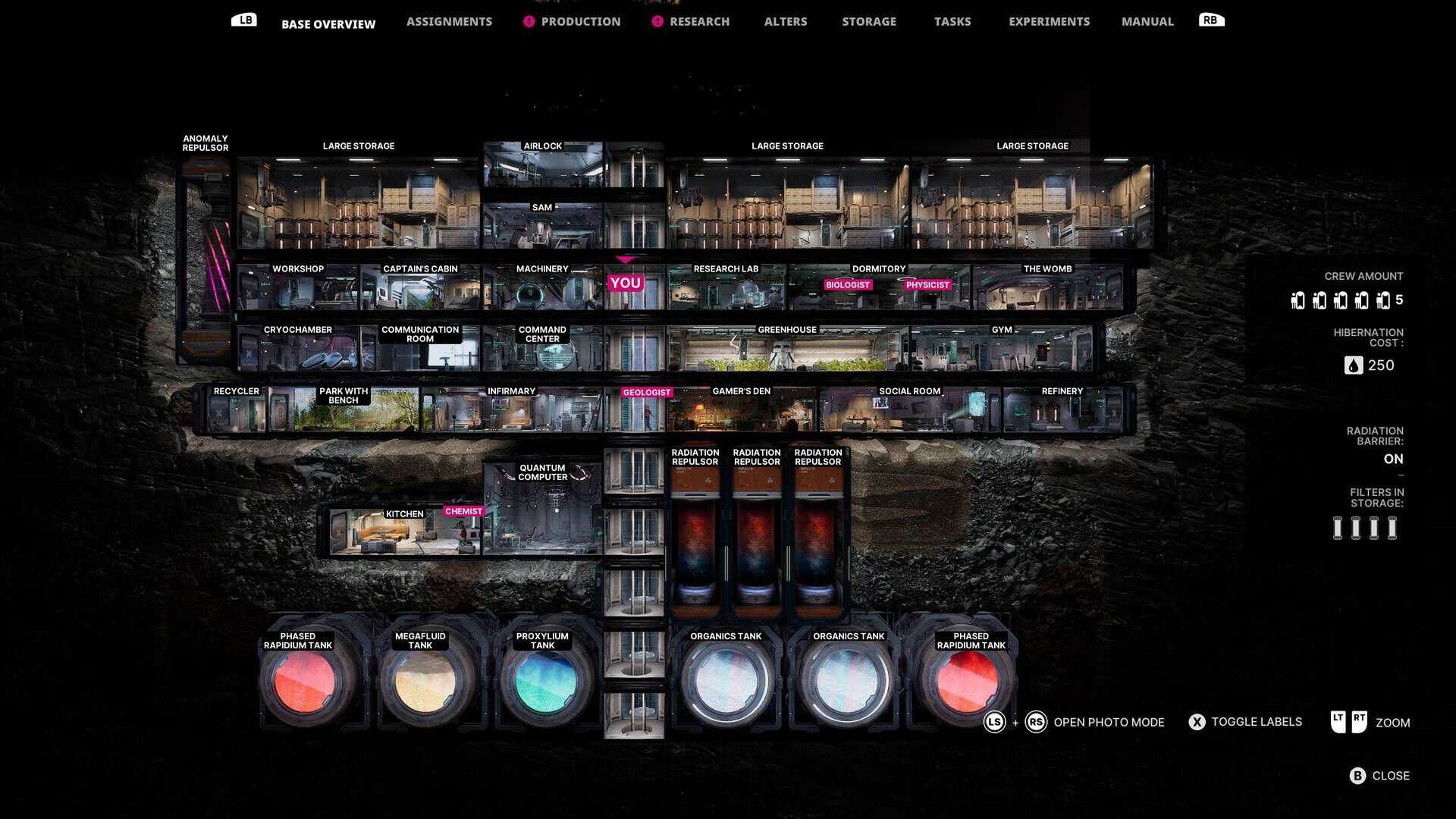 A screenshot of the base management in The Alters: The Last Variable
