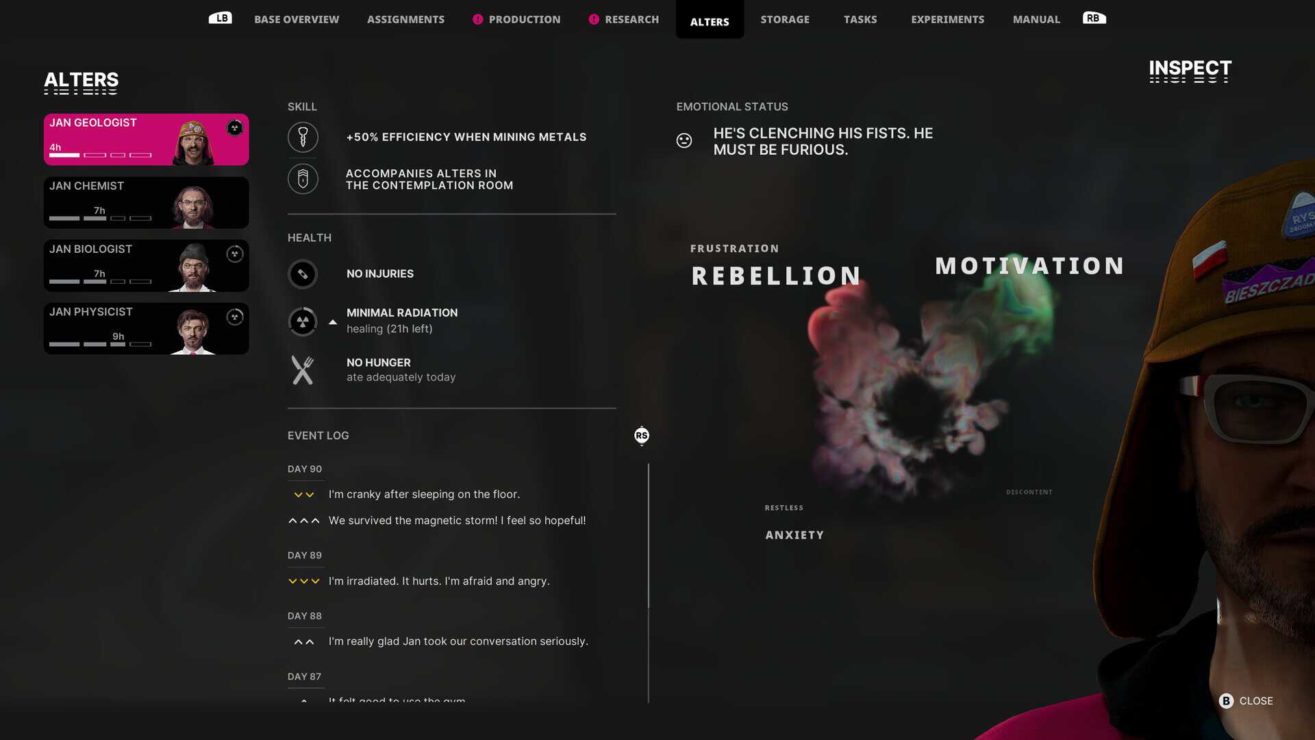 A screenshot of the Alter management screen in The Alters: The Last Variable.