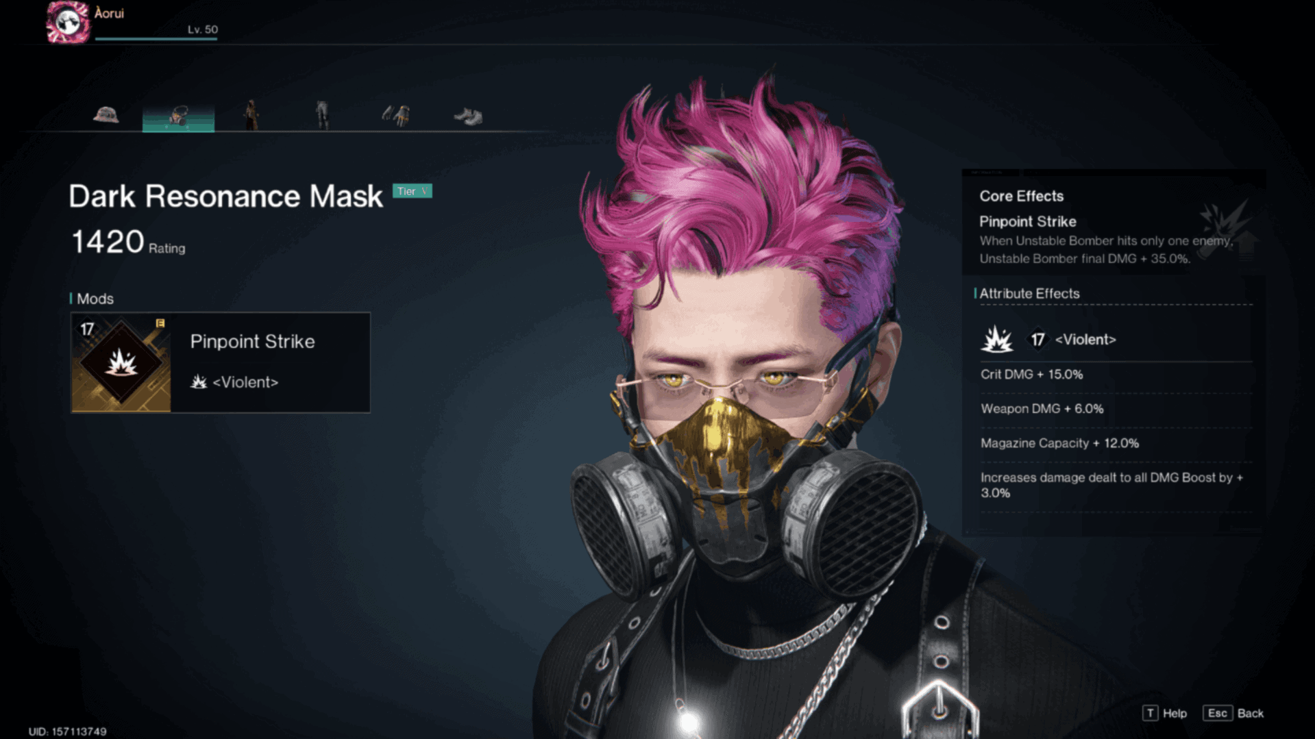 A screenshot of the Dark Resonance Mask and Pinpoint Strike mod with the violent suffix.