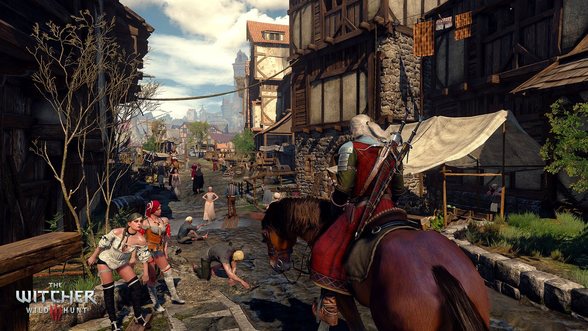 Geralt riding across the streets of Novigrad, with courtesans propositioning him in Witcher 3