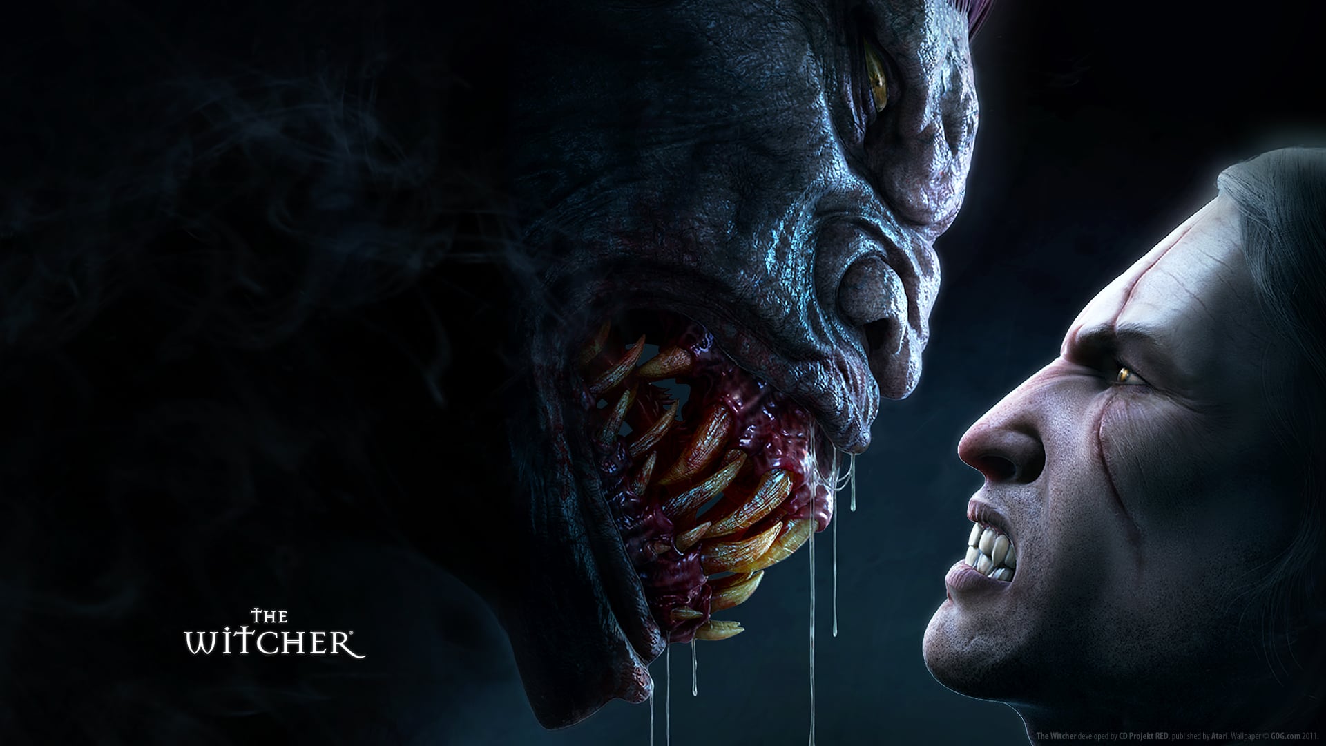 Geralt staring into the eyes of a Striga, both bearing their sharp teeth in Witcher 1