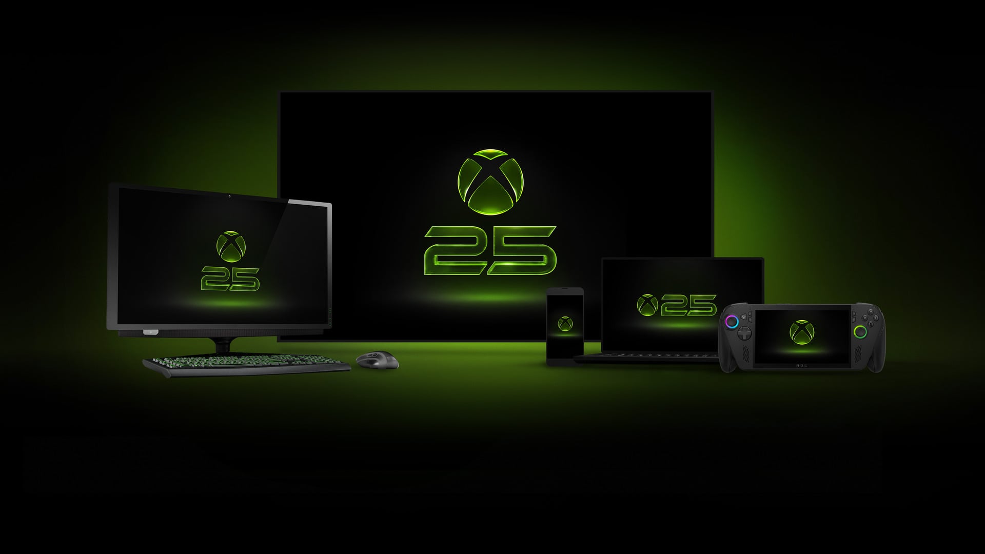 Xbox's 25th anniversary logo on different machines
