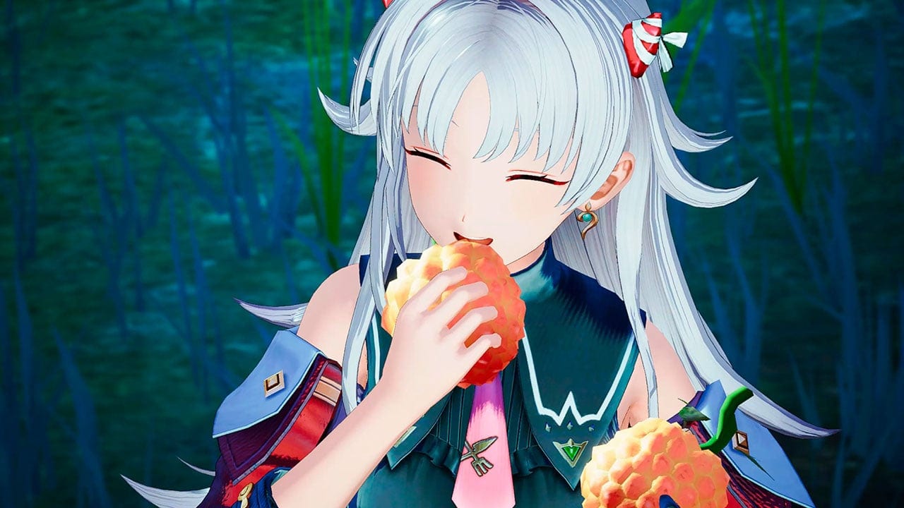 Atelier Karia screenshot, showing Karia gleefully munching down some breads.