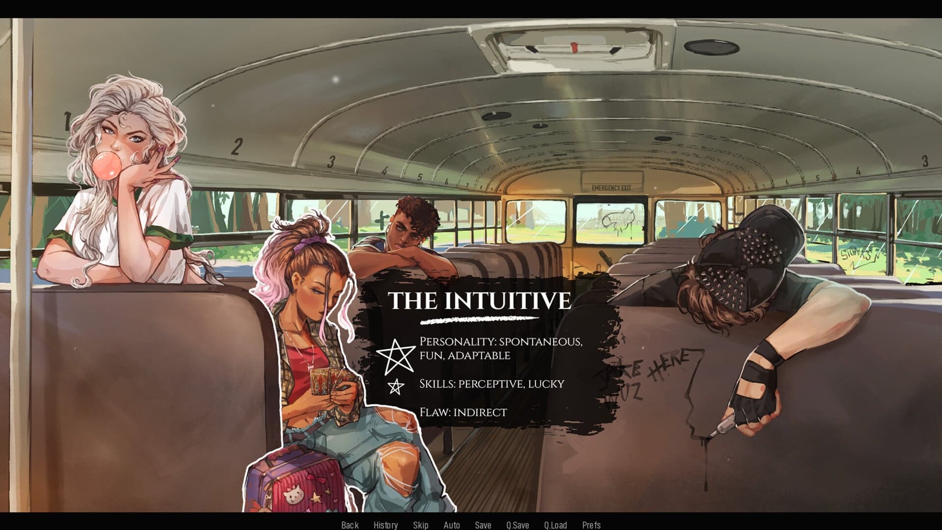 the interior of a school bus with several teenagers sitting in various postures. In the middle is a text box reading "The Intuitive: Personality: Spontaneous, Fun, Adaptable. Skills: Perceptive, Lucky. Flaw: Indirect.