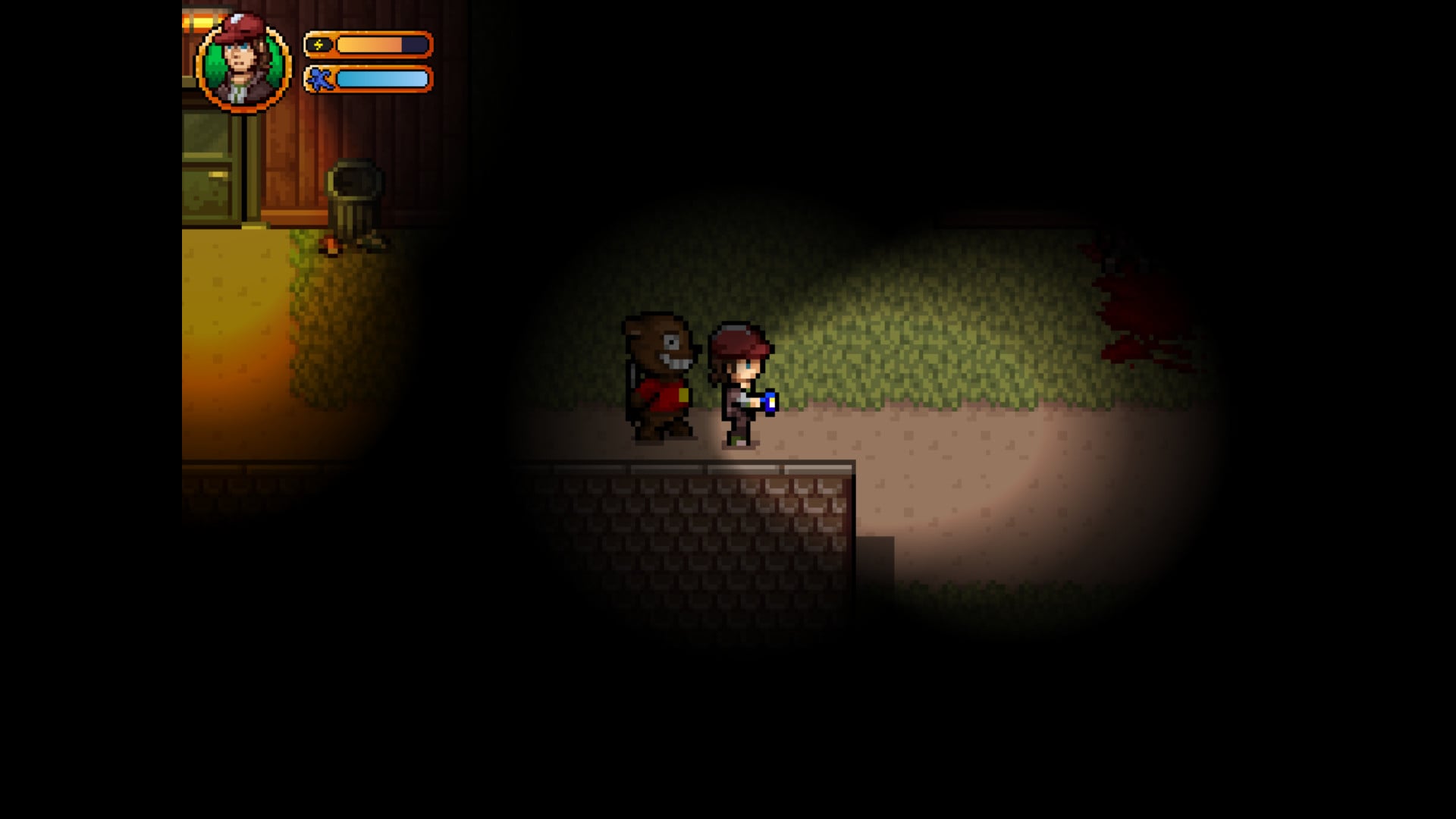 the screen is almost completely dark except for the health and battery bars in the top right corner of the screen and a small circle of light that illuminates the protagonist, with the killer wearing a mascot costume right behind him
