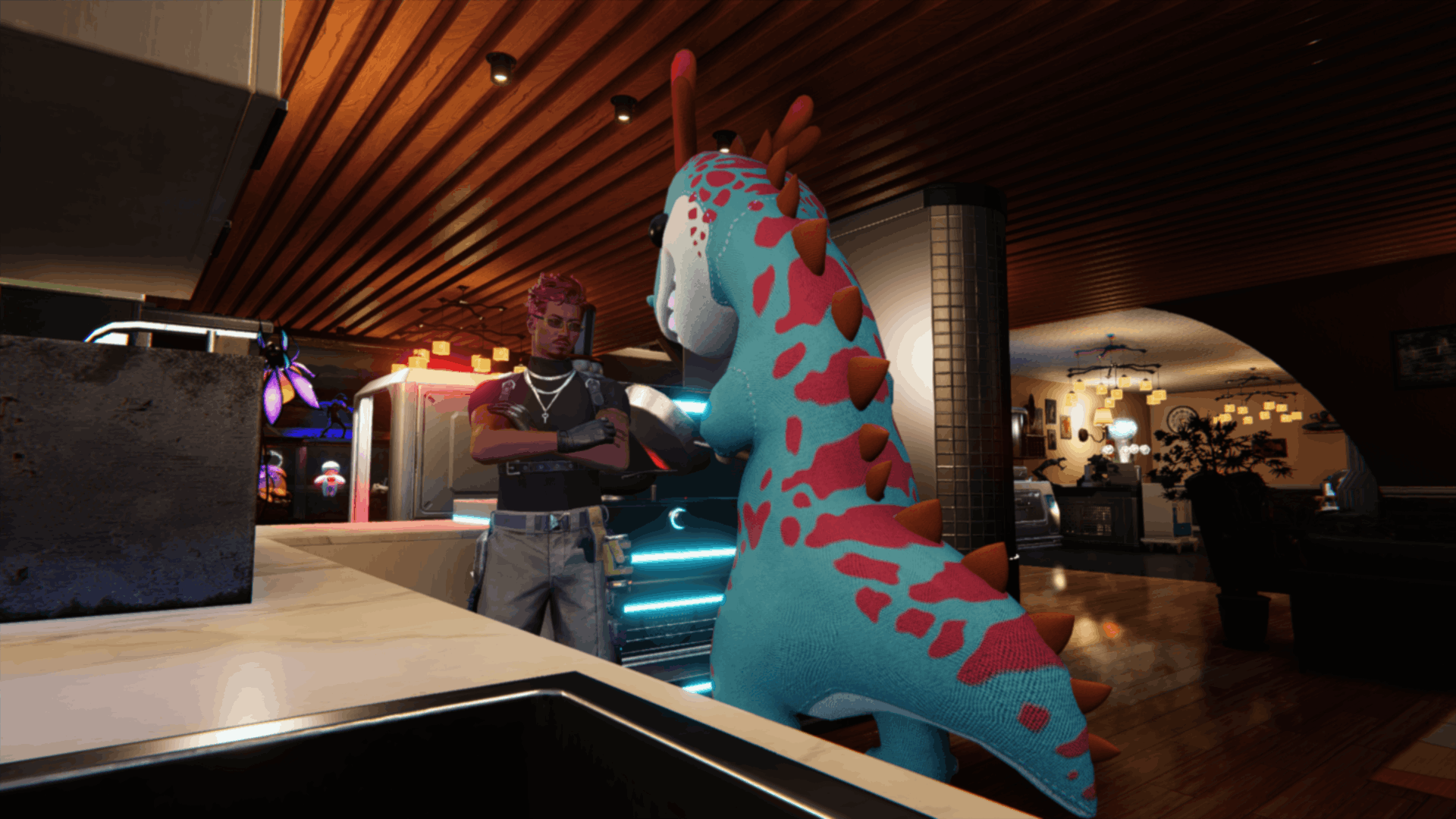 A Chefosaurus Rex cooking up a meal for the player in Once Human.
