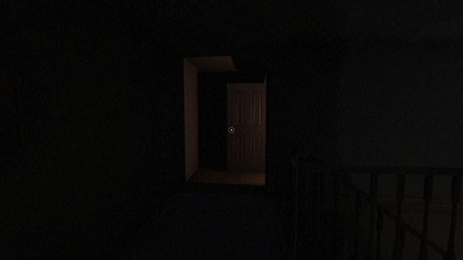 A dark hallway with one door standing open some distance from the viewer. A stairwell can be faintly seen in the dark in the midground. The only light in the scene pours out of the open door.